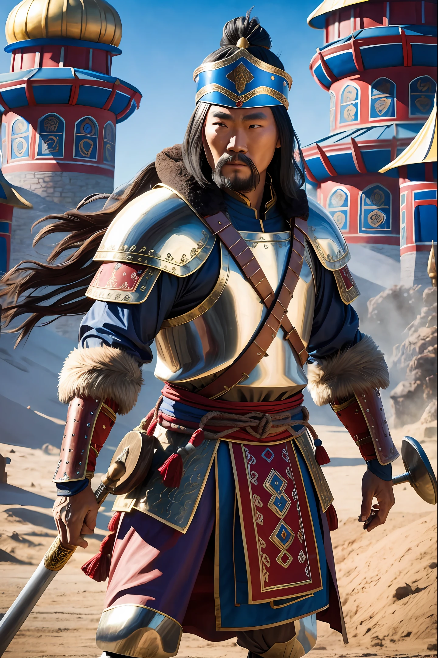 Mongolian warrior, medieval times, 8k , natural lights , fierce, masterpiece, UHD