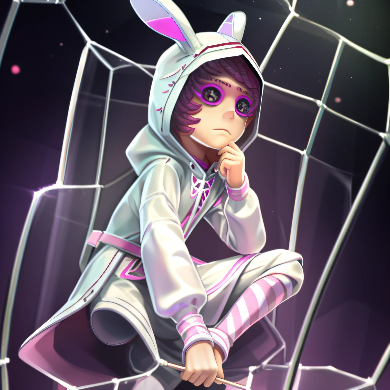 Masterpiece, high quality, young boy, holding a bug net, white costume with hood with rabbit ears, hood deeply covered, long socks with pink and white stripes, facing forward, looking at camera, full body, center of screen