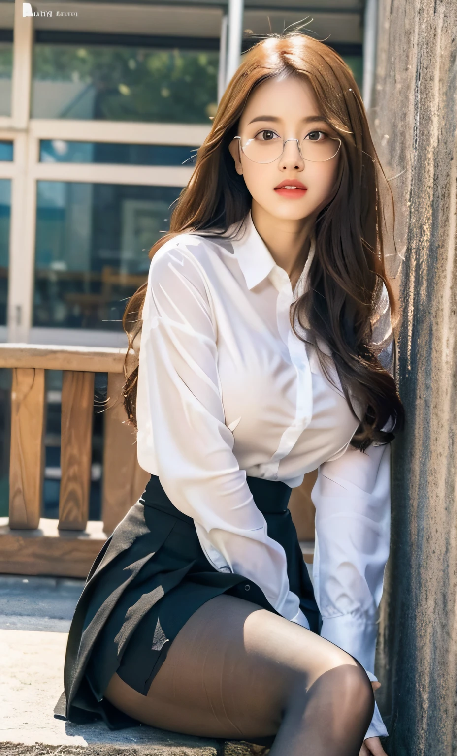 ulzzang-6500-v1.1, (raw photo:1.2), (photorealistic:1.4), beautiful detailed girl, very detailed eyes and face, beautiful detailed eyes, ridiculous, incredibly ridiculous, huge file size, super detailed, high resolution, very detailed, best quality, masterpiece, ((summer fashion clothes in different colors)), illustration, very detailed, CG, unified, 8k wallpaper, amazing, fine details, Masterpiece, best quality, very detailed CG uniform 8k wallpaper, face light, movie lighting, 1girl, 16 years old, long white hair, side split, (big breasts), (no panties)), (glasses), (dynamic pose)), (sexy pose), (camel toe), (half), (pantyhose), (black hip skirt)), (bent knees and legs sitting))