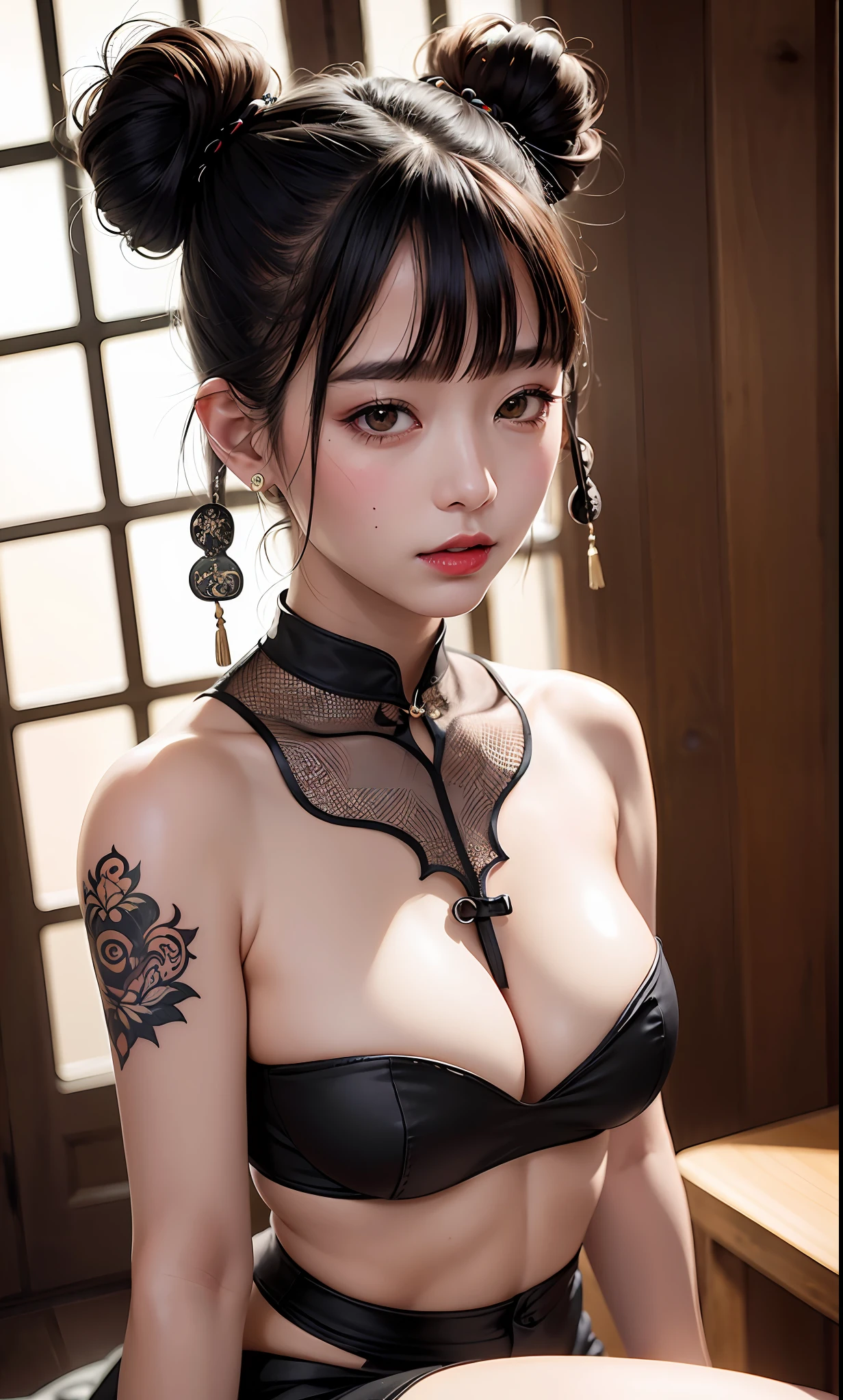 (8k, RAW photos,Best quality, High Resolution:1.1), (Hyperrealistic:1.4),(Realistic, Photorealistic:1.3), Soft Light,Realistic Face,Realistic Body,Realistic Skin,Absurdity,Masterpiece,(Cute:1.8),(Bun Head,Hairpin,Kanzashi),(Big:1.2),(Very dark lip gloss,Pure black lipstick,So many eyelashes, Black Eyeshadow),Double Teeth,Open Lips,Provocative Expression,Blushing,Good Style,(Han Cloth,花魁,Song Dynasty,Song Cloth),Chest Fluttering,Deep Slit,Beautiful Legs,Thighs,Sitting,Cinema Light,Film Grain,Close Up,Look Viewer,Full Body,Depth of Field, Blurred Background,Eye Focus,Young,85mm Lens, F/1.4,Professional Lighting, portrait, photon mapping, radiosity, physically based rendering, tribal tattoo, transparency, Japan girls, night