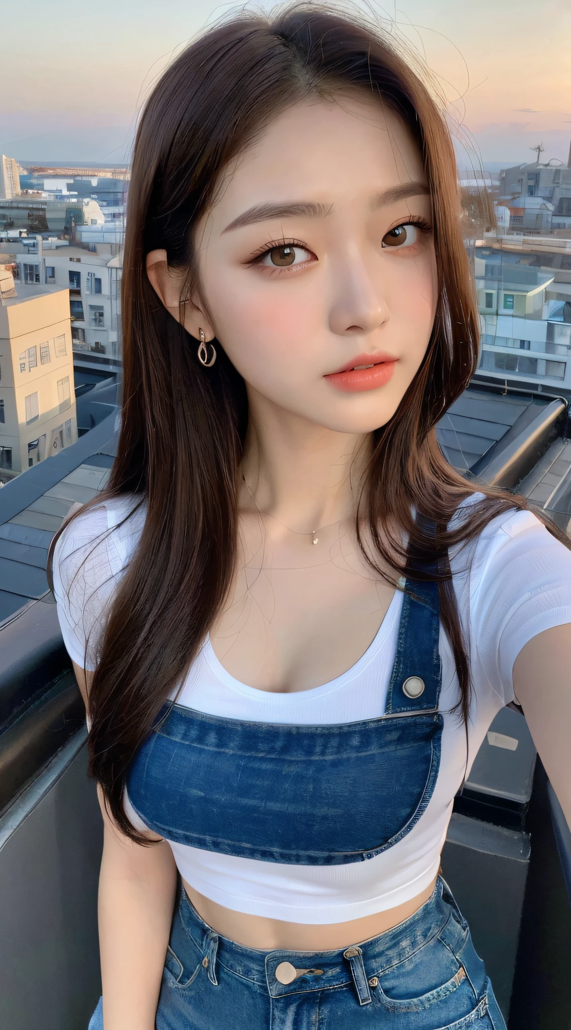 ((Sunset, Excellent, 8K, Masterpiece: 1.3)), Full body, Long legs, Focal length: 1.2, Perfect Body Beauty: 1.4, Slim Abs: 1.1, ((Dark Brown Hair, Big Breasts: 1.2 )), (White Skinny T-shirt, Denim Suspenders, Standing: 1.2), ((Sea View, Seaside: 1.3)), Highly detailed face and skin texture, Fine eyes, Double eyelids