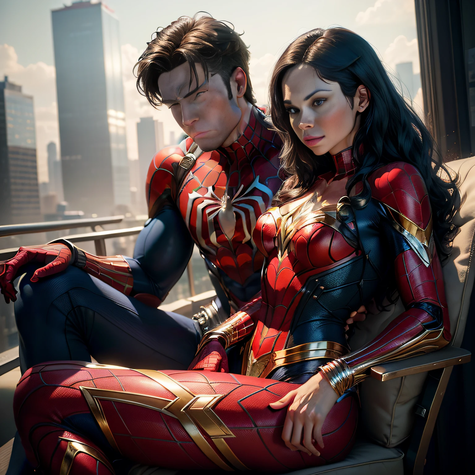 Award-winning photo,8k, soft lighting,movie scene type, cinematic, ((hyper realistic)),with Spider-Man with Wonder Woman on his lap,ornate with his trages,realistic with perfect face,in a full-body close-up, with lots of detail. Spider-Man is wearing his red and blue costume and Wonder Woman is wearing his red and gold costume. They are in an urban setting, ((with tall glazed buildings and cars in the background)). They are looking each other in the eye, with expressions of love and admiration," ((Nikon D 850 Stock Photo Film 4 Kodak Portra 400 Camera F16 Lens Rich Colors Hyper realistic Super realistic texture Dramatic lighting trend on Artstation cinestill 800))"