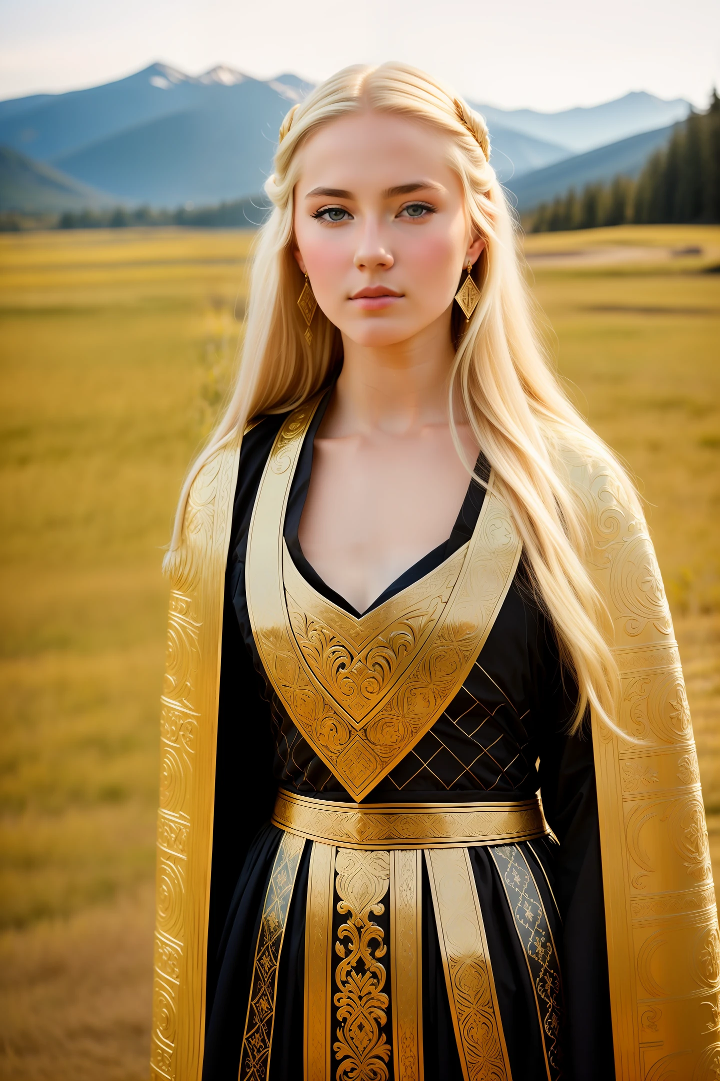 Slavic white girl, blonde blue eyed beautiful girl, handsome Mongolian man black hair, nature, medieval times, natural lights, 16k, UHD, hyper realistic, Golden Horde, Kievan Rus
