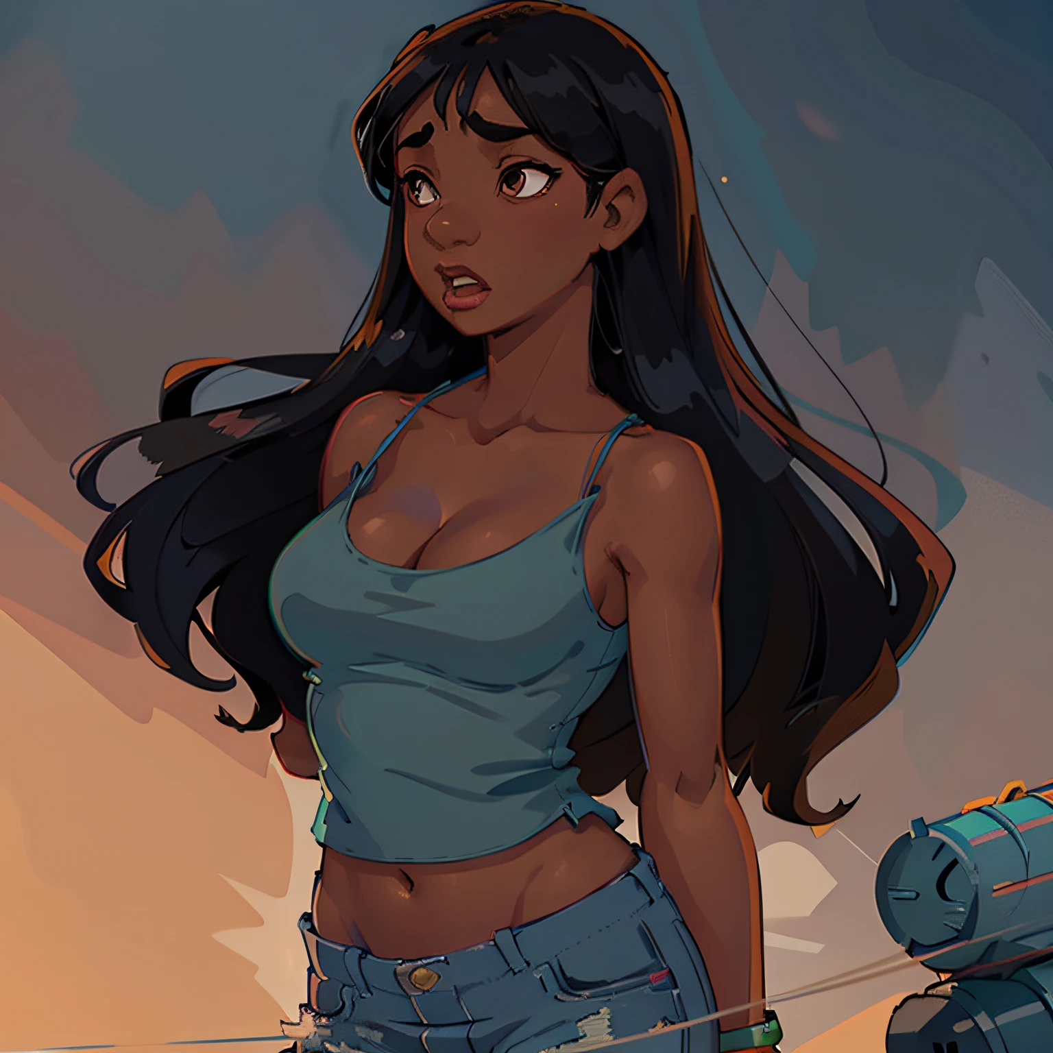 1girl, solo, dark_skin, black_hair, long_hair, navel, dark-skinned_female, tank_top, crop_top, lips, breasts, parted_lips, upper_body, simple_background, brown_eyes, camisole, purple_background, large_breasts, blue_tank_top, blue_shirt, bare_shoulders, arms_at_sides, shirt, looking_away, collarbone, open_mouth, thick_eyebrows, nose, looking_to_the_side, cleavage, black_eyes, large_breasts, bangs, gradient_background, teeth, stomach, gradient, looking_up, very_dark_skin, green_eyes, looking_afar, shorts, bare_arms, spaghetti_strap, standing, beuty, petite, busty