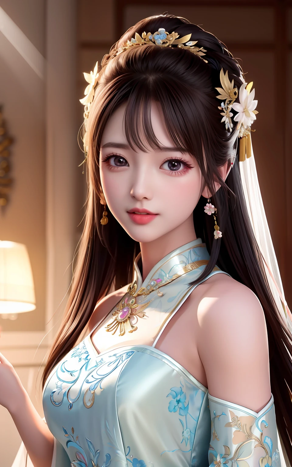 Top Quality, Masterpiece, High Resolution, 1girl, Chinese Wedding Dress, Hair Ornament, Necklace, Jewelry, Beautiful Face, Tongue Out, upon_body, Tyndale Effect, Photorealistic, Dark Studio, Rim Lighting, Two-Tone Lighting, (High Detail Skin: 1.2), 8K UHD, DSLR, Soft Lighting, High Quality, Volumetric Lighting, Candid, Photography, High resolution, 4K, 8K, bokeh