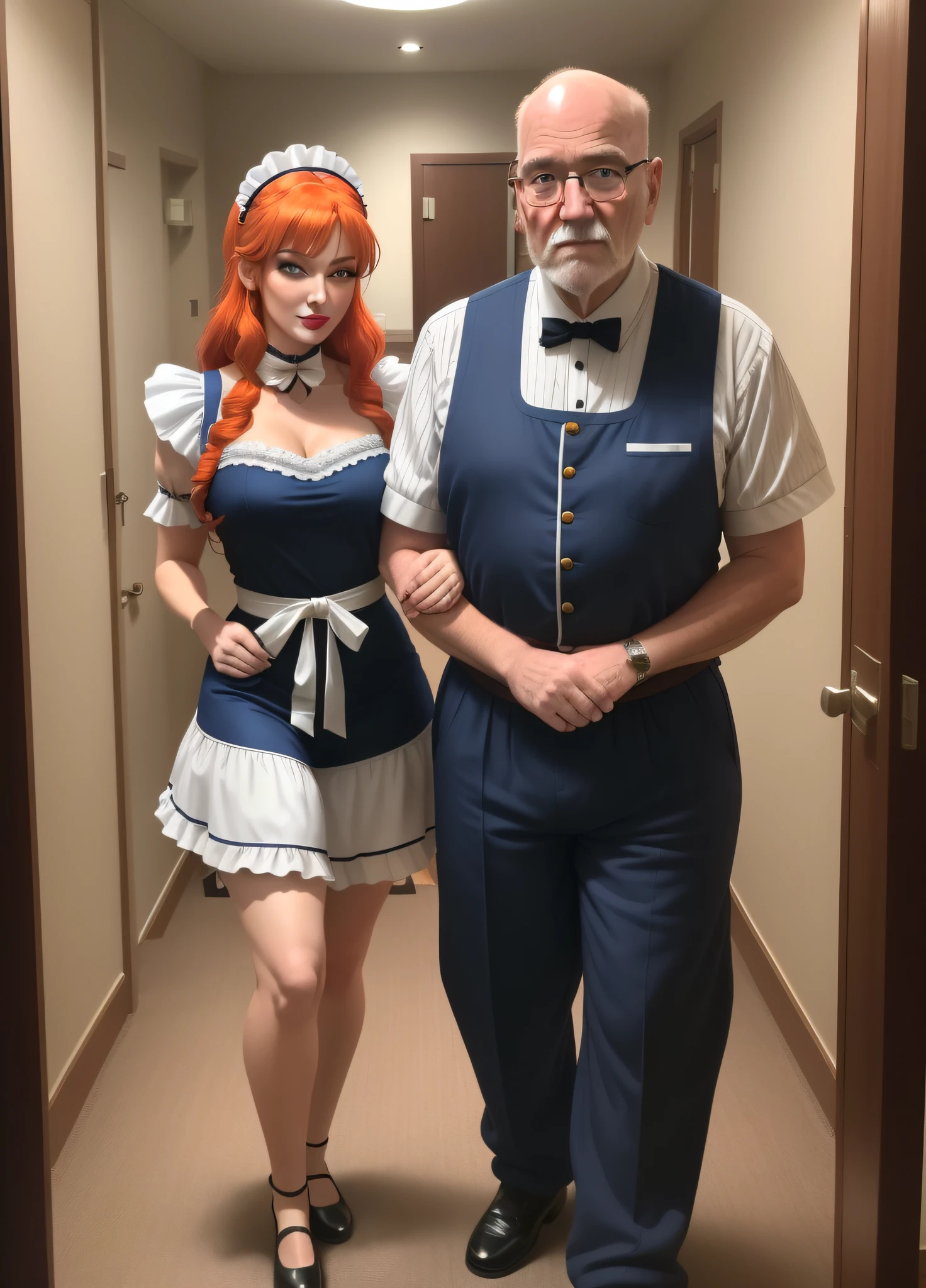 ((Full body photo of a woman dressed as a maid and an old man)). "She has red hair, green eyes, maid's headdress on her head, "he is bald, strong body wearing, he is wearing teddy bear pajamas in blue color, he is beside her with his hand on her waist". "She has the flushed face heavy makeup on face red lipstick", both are in a hotel room opposite the exit of the room