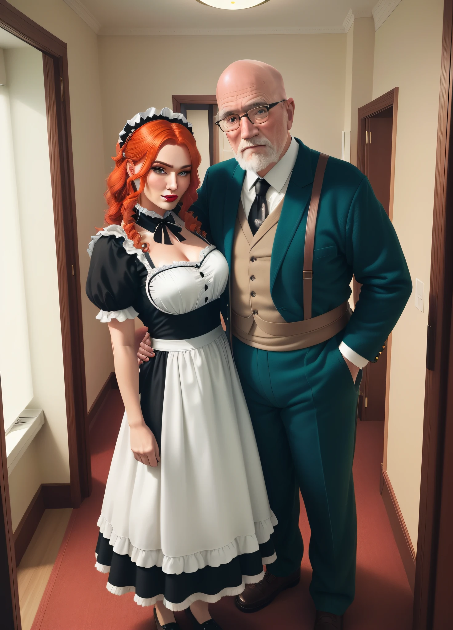 ((Full body photo of a woman dressed as a maid and an old man)). "She has red hair, green eyes, maid's headdress on her head, "he is bald, strong body wearing, he is wearing teddy bear pajamas in blue color, he is beside her with his hand on her waist". "She has the flushed face heavy makeup on face red lipstick", both are in a hotel room opposite the exit of the room
