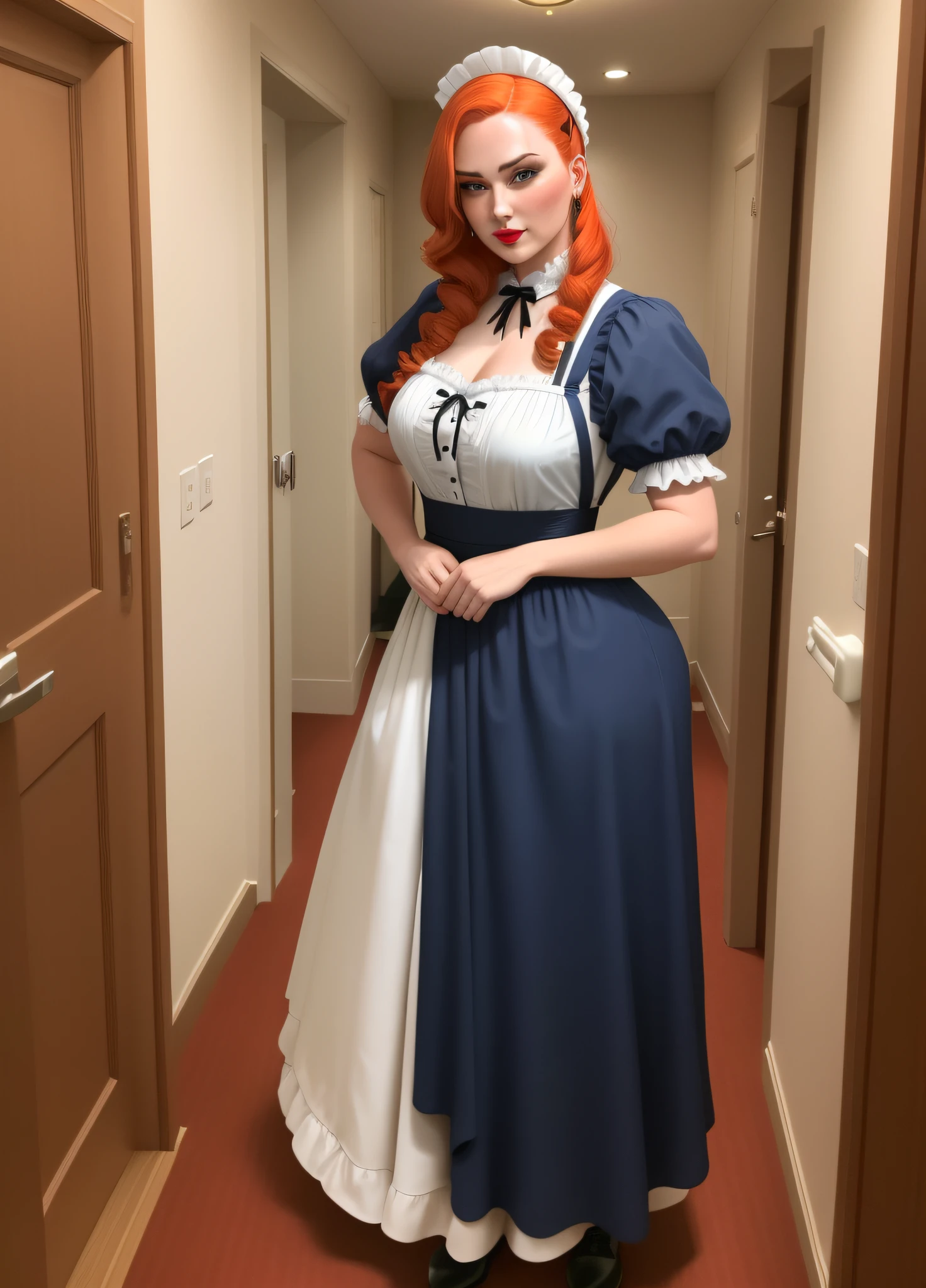((Full body photo of a woman dressed as a maid and an old man)). "She has red hair, green eyes, maid's headdress on her head, "he is bald, strong body wearing, he is wearing teddy bear pajamas in blue color, he is beside her with his hand on her waist". "She has the flushed face heavy makeup on face red lipstick", both are in a hotel room opposite the exit of the room