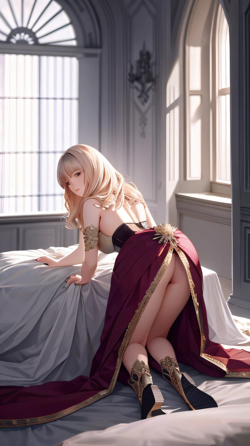 masterpiece, ultra high quality CG, best quality, perfect picture, solo, Ashelia B'nargin Dalmasca, blushing, wearing a royal dress and bustier, showing ass, on all fours, photo from behind, royal room