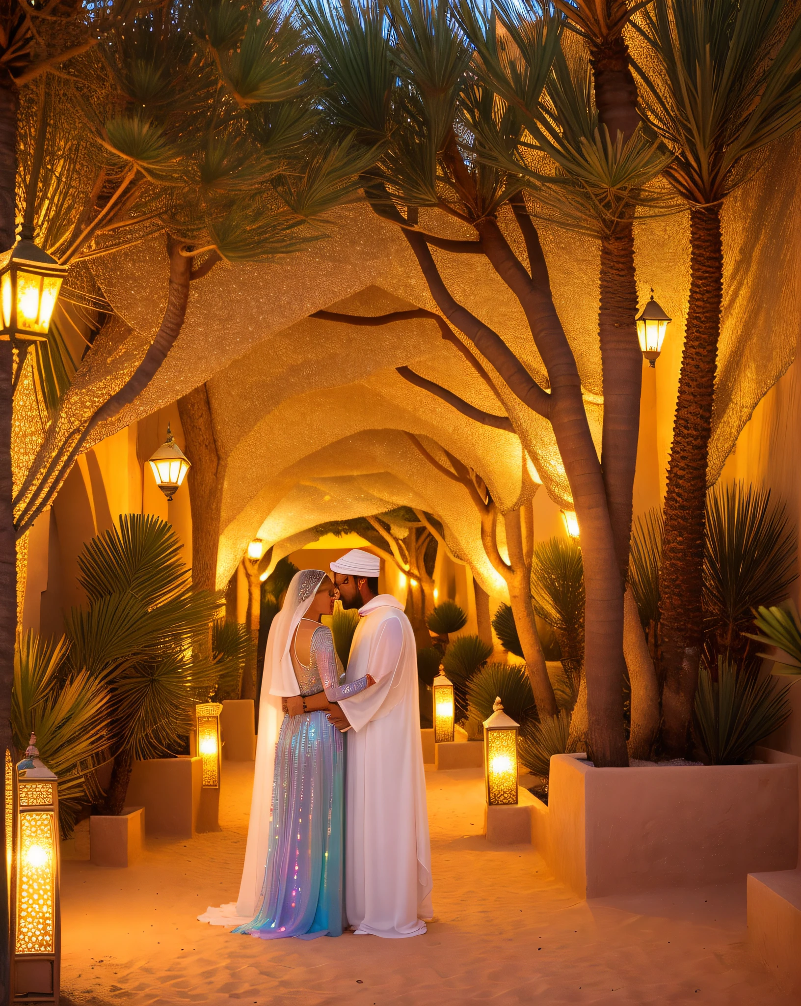 ((Ouarzazate in background)), (chefchaouen), (riad) photo, ((hugging)), (from behind), ((((1 man and 1 woman hugging)))), sparkling splashing rainbows, curvy, (((clear straight even bright eyes))), (((woman has super long hair))) (((man has short hair))), flowing, glistening, ((woman wearing iridescent sheer abaya)), ((man wearing hooded moroccan kaftan)), (riad fountain), glimmering, sweating, crystal jewels, melting, shimmering, glowing flowers (masterpiece) (best quality) (detailed) (8k) (HDR) (wallpaper) (cinematic lighting) (sharp focus) (intricate) opalescent, Photoluminescence, treasure, mystical, fantasy, exotic lights, gems, (Moroccan candles), sunrays, ((desert oasis)), Ouzoud waterfalls, Tastir, arabesque, safi, (sanddunes), sand, palm trees, opalescent, Photoluminescence lights, (gems growing), glowing desert flowers, fantasy, clear, Cinematic RAW photo, hyper real photo, ultrarealistic, 8k uhd, dslr, soft lighting, high quality, film grain, Fujifilm XT3, photographed on a Kodak Retina II Sanyo Xacti VPC-CA6, 50mm lens, Wide Angle, HDR, hyper-realistic, colorgraded, volumetric lighting, [volumetric fog, moist], shallow depth of field, reflections, photo, (sparkling) splashing rainbows, glistening, (iridescent), glowing, glimmering, crystals, ((secret treasure in it)), mystical, enchanting, glittering, ((1 Moroccan man)), ((1 white woman)). mist, wish, (longing) (together love), ((true love)), romantic, ((riad bed)), ((((heterosexual relationship only)))), twinflame, soulmates, (1 male and 1 female together), romantic,