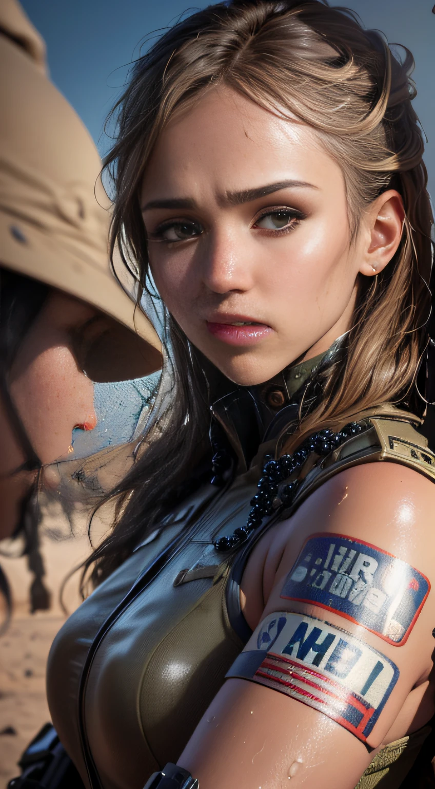 Jessica Alba (High resolution, High Definition + Surrealism: 1.5), (Photos taken with good results, Women in uniform, HD textured skin, sweat beads), (Strong contrast of light and shadow, wandering in war zones, theme of suffering, new visual experience)