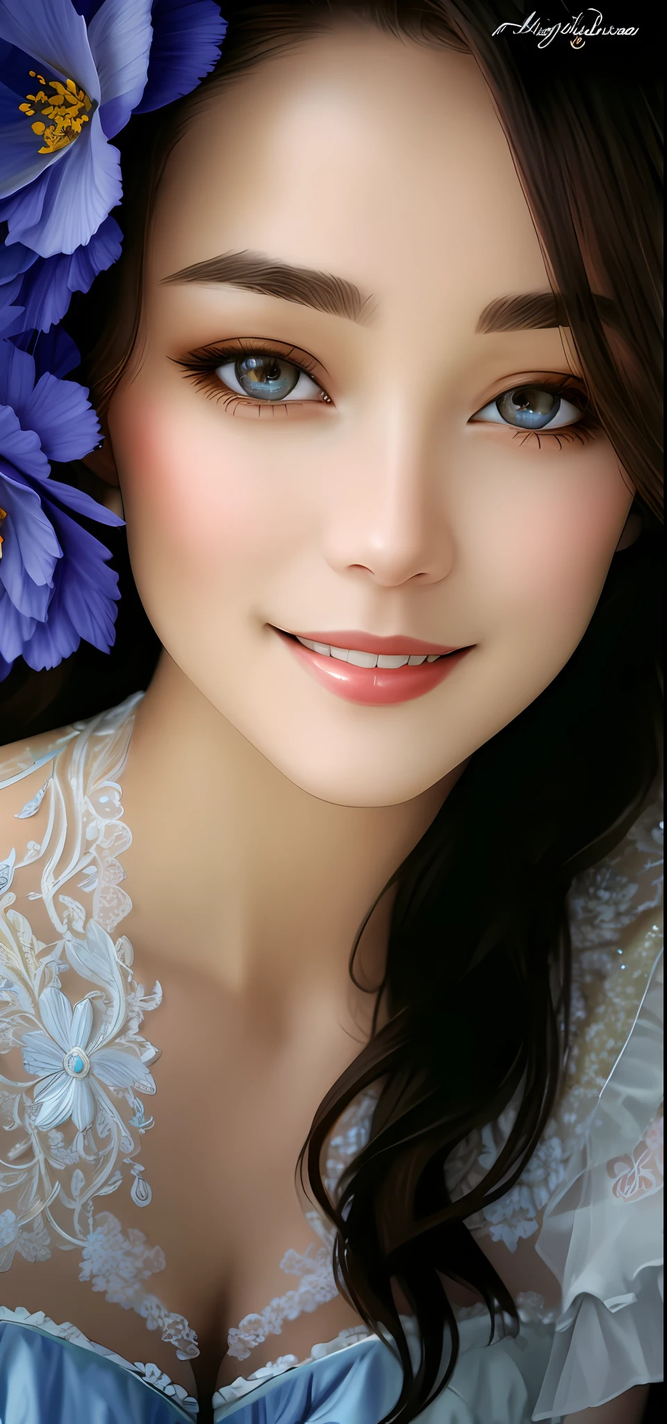 Masterpiece, absurdres, fine detail, HDR, highly detailed face and eyes, photorealistic, smiling, garterbelt, a woman in a lingerie posing for a picture ,wearing the garterbelt, colorful, floral embroidery, frilled skirt,