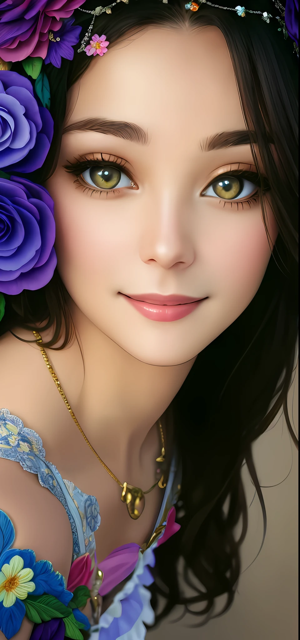 Masterpiece, absurdres, fine detail, HDR, highly detailed face and eyes, photorealistic, smiling, garterbelt, a woman in a lingerie posing for a picture ,wearing the garterbelt, colorful, floral embroidery, frilled skirt,