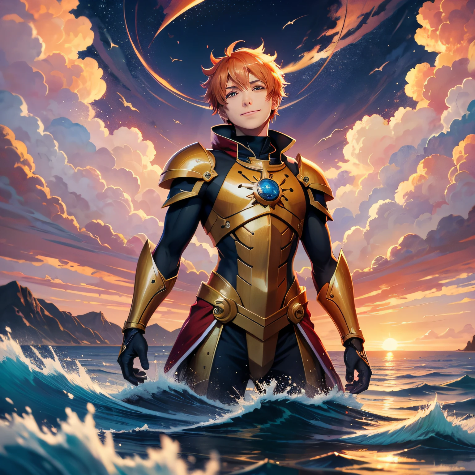 Anime Style, Jason Of Fate Go, In the Sky, Over the Sea, At A Sunset, Smiling, Masterpiece, 4K, Detailed Face, Good Anathomy, Highlights, --auto --s2