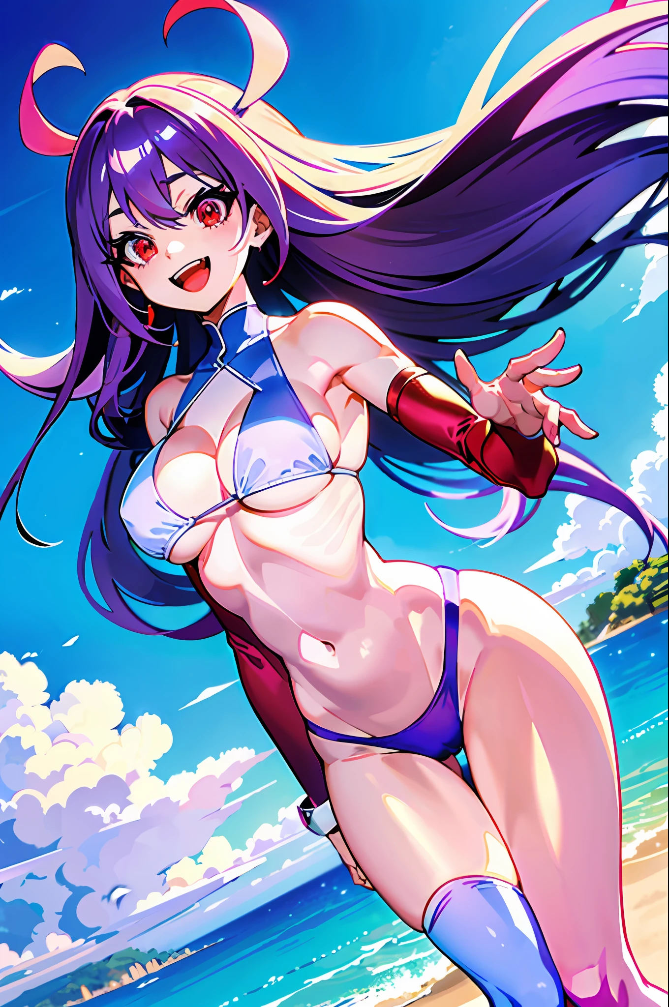 a perfect anime girl with very long purple hair and medium cone-shaped breasts wearing a transparent white bikini laughing on the beach, perfect eyes, bright red eyes, super detailed, 8k Full HD, absurd, erect areolas