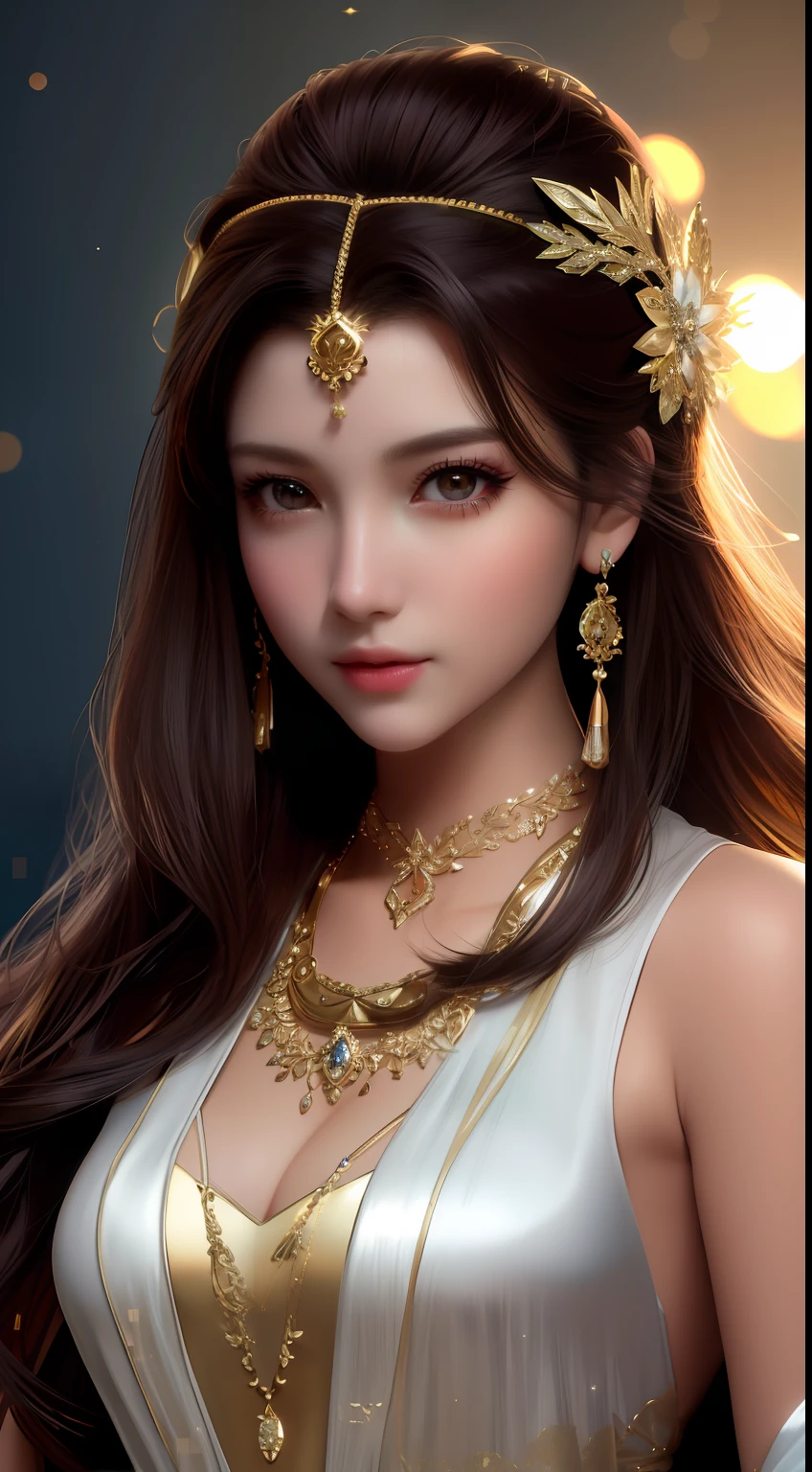 best quality, masterpiece, high_res, 1girl, hair ornament, necklace, jewelry, Beautiful face, upon body, tyndall effect, photo realistic, dark studio, rim lighting, two tone lighting, (high detailed skin:1.2), 8k uhd, dslr, soft lighting, high quality, volumetric lighting, candid, Photograph, high resolution, 4k, 8k, Bokeh, medium breasts, open fingers,