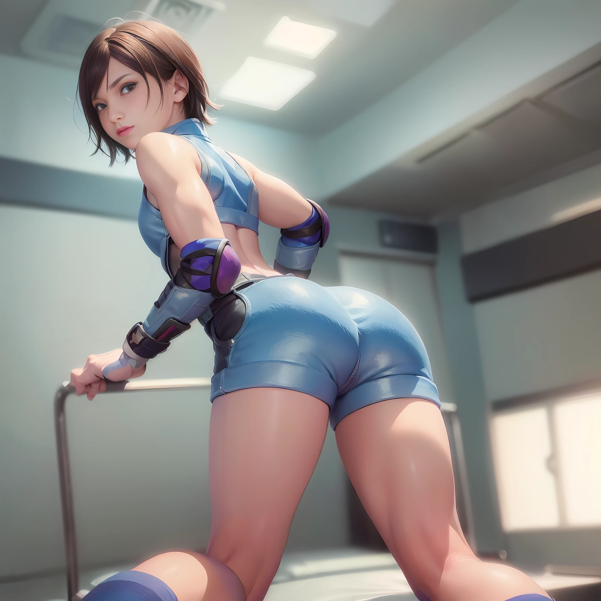 ((big, tomboy, small head)), (Perfect body: 1.1), (Short wavy hair: 1.2), Reddish brown, collar, chain, full body shot, crowded city, jeans jacket, (shorts), (Very elaborate CG 8K wallpaper), (Very delicate and beautiful), (Masterpiece), (Best quality): 1.0), (Ultra High Definition: 1.0), Beautiful lighting, perfect lightning, realistic shadows, High Resolution], Detailed Skin, Super Detailed ((Colorful)), ((Butt angle, all fours)) Asuka Kazama, Ass, Ass, Large Open Legs
