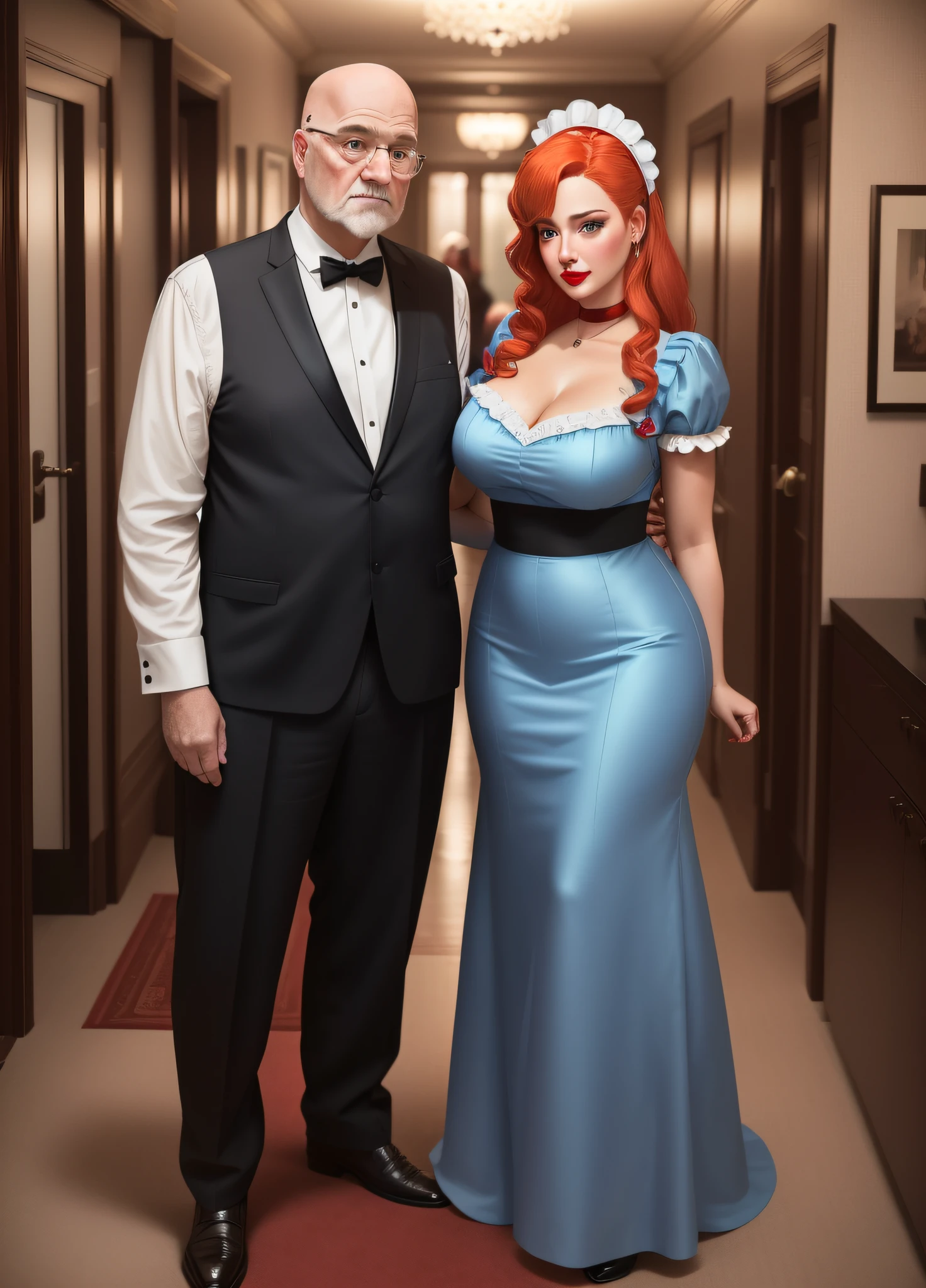 ((Full body photo of a woman dressed as a maid and an old man)). "She has red hair, green eyes, a maid's headdress on her head, very tight around her body, big breasts, "he is bald, strong body wearing, he is wearing teddy bear pajamas in blue, he is beside her with his hand on her waist" "She has a flushed face, heavy makeup on her face, red lipstick", both are in a hotel room in front of the room's exit, anime style, Pixar, 16k, highres, best quality, award winning, textured skin, UHD, masterpiece, retina, anatomically correct