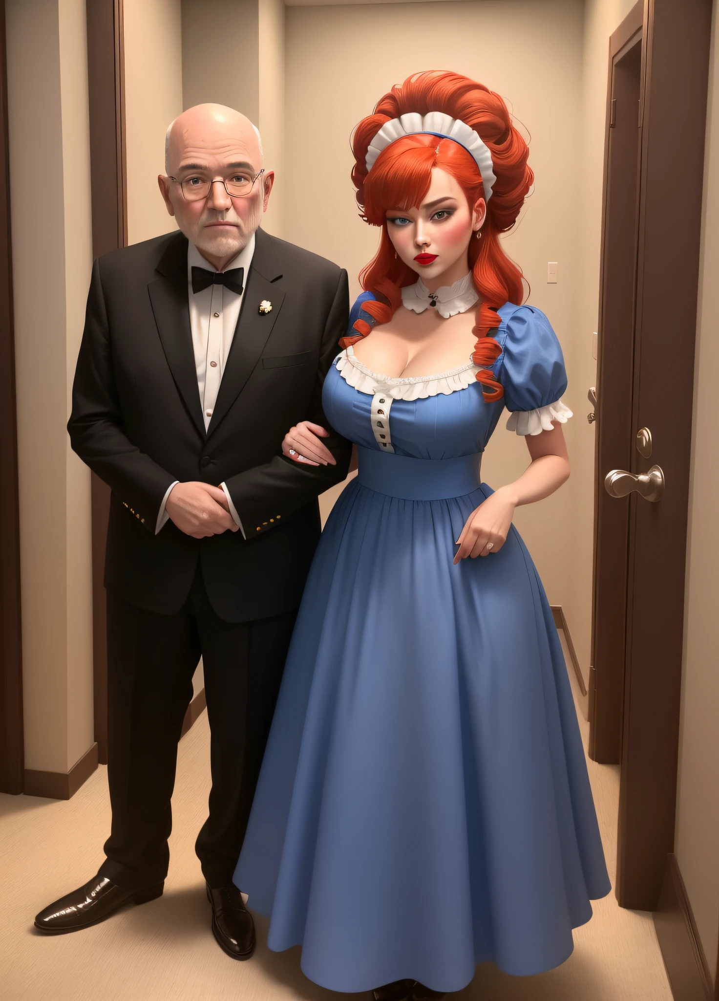 ((Full body photo of a woman dressed as a maid and an old man)). "She has red hair, green eyes, a maid's headdress on her head, very tight around her body, big breasts, "he is bald, strong body wearing, he is wearing teddy bear pajamas in blue, he is beside her with his hand on her waist" "She has a flushed face, heavy makeup on her face, red lipstick", both are in a hotel room in front of the room's exit,  anime style, Pixar, 16k, highres, best quality, award winning, textured skin, UHD, masterpiece, retina, anatomically correct