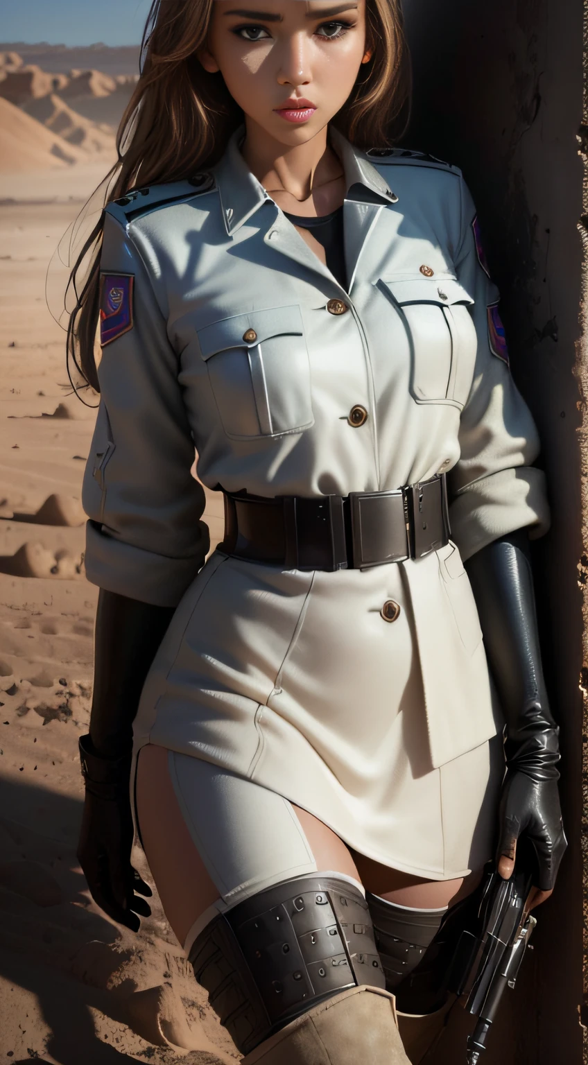Jessica Alba (High resolution, High definition + surrealism: 1.5), (good results in photographs, women in uniform, fair textured skin), (strong contrast of light and shadow, wandering in war zones, theme of suffering, new visual experience)