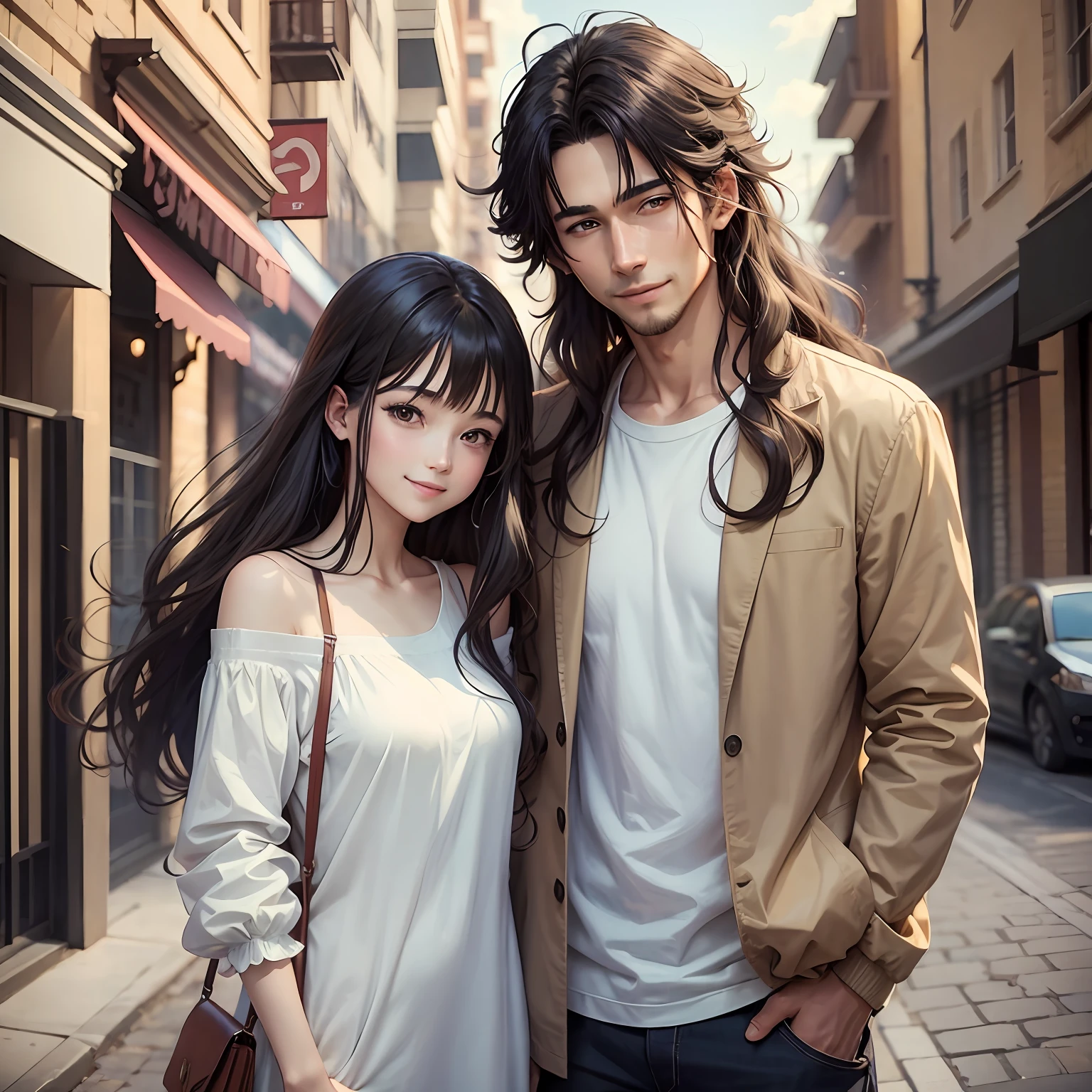 masterpiece, anime, best quality, 2others, couple, mature, adult, height difference, different fashion, different color, casual clothes, long sleeves, smile, happy, love, swirling wind, blue sky, long haired man, light brown hair man, black hair woman, black hair woman --auto --s2