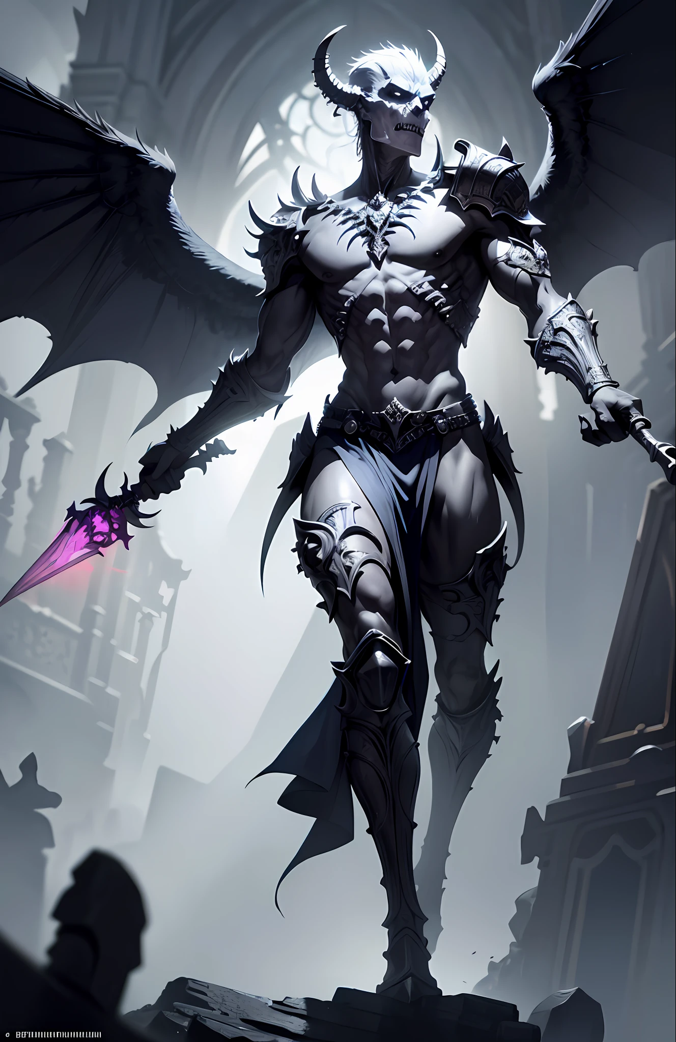 (extremely detailed 8k wallpaper), a full-body photo of a fearsome undead grey gargoyle necromancer holds in his left hand a mace with a skull and in his right hand he holds a shield, 2 wings, intricate, high detail, dramatic,larger than a building