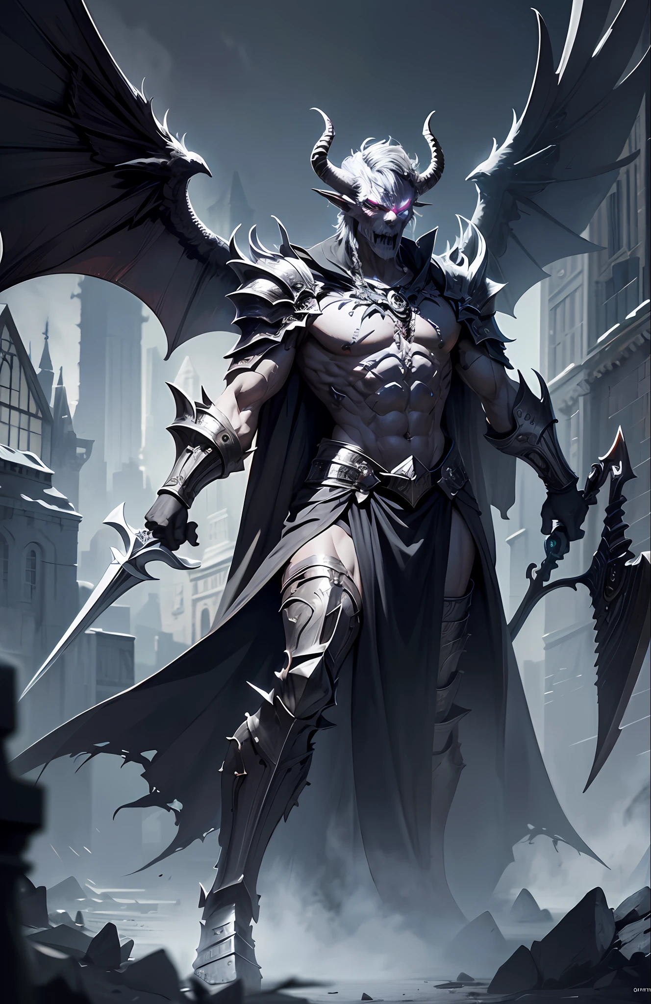 (extremely detailed 8k wallpaper), a full-body photo of a fearsome undead grey gargoyle necromancer holds in his left hand a mace with a skull and in his right hand he holds a shield, 2 wings, intricate, high detail, dramatic,larger than a building