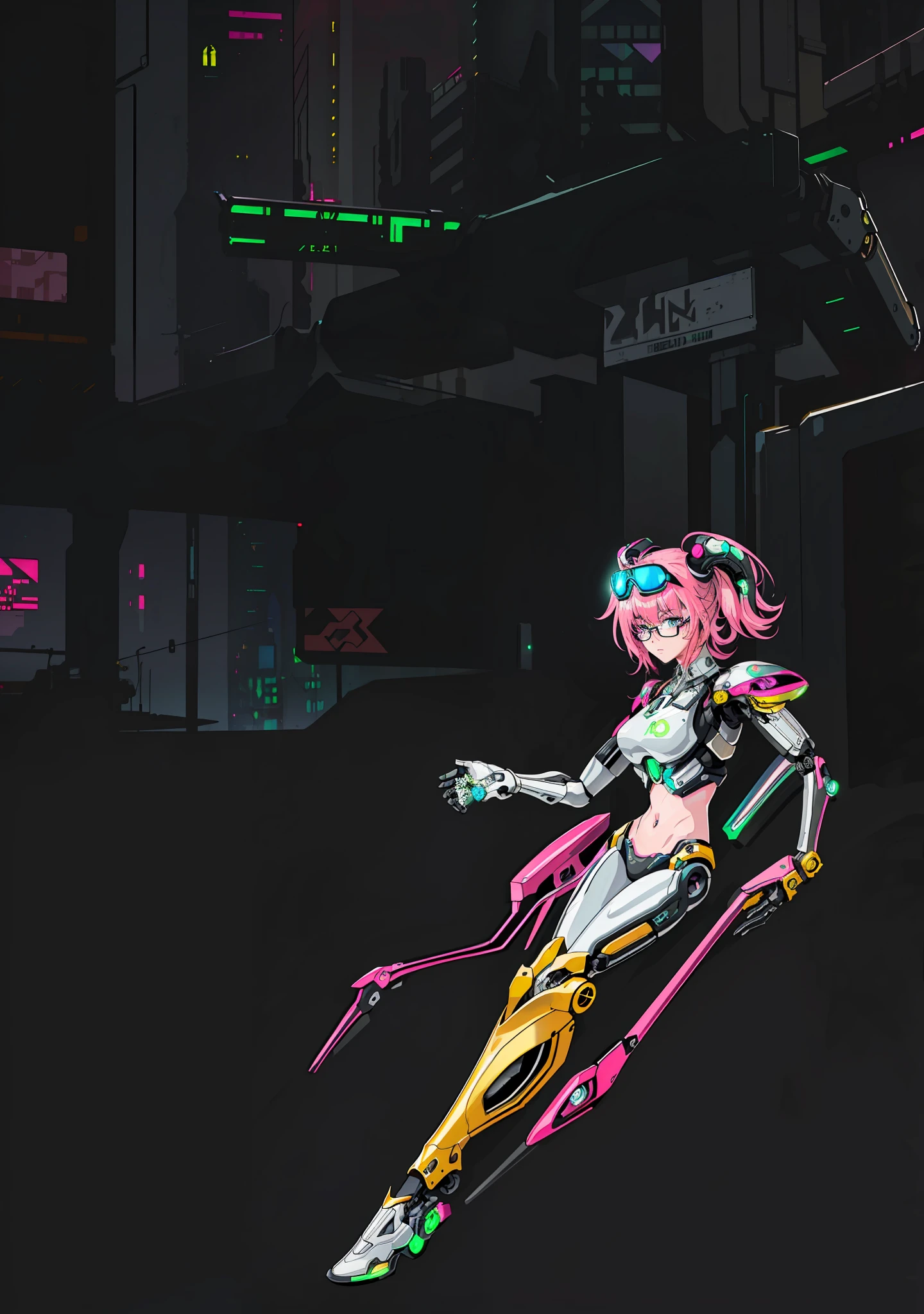 ((1girl, closeup, intricate details, (cyberpunk: 1.4), robotic arm, glasses, messy hair, (shiny neon armor: 1.2), machine, , big, pink hair, drone, car)), neon city background, mechanical city