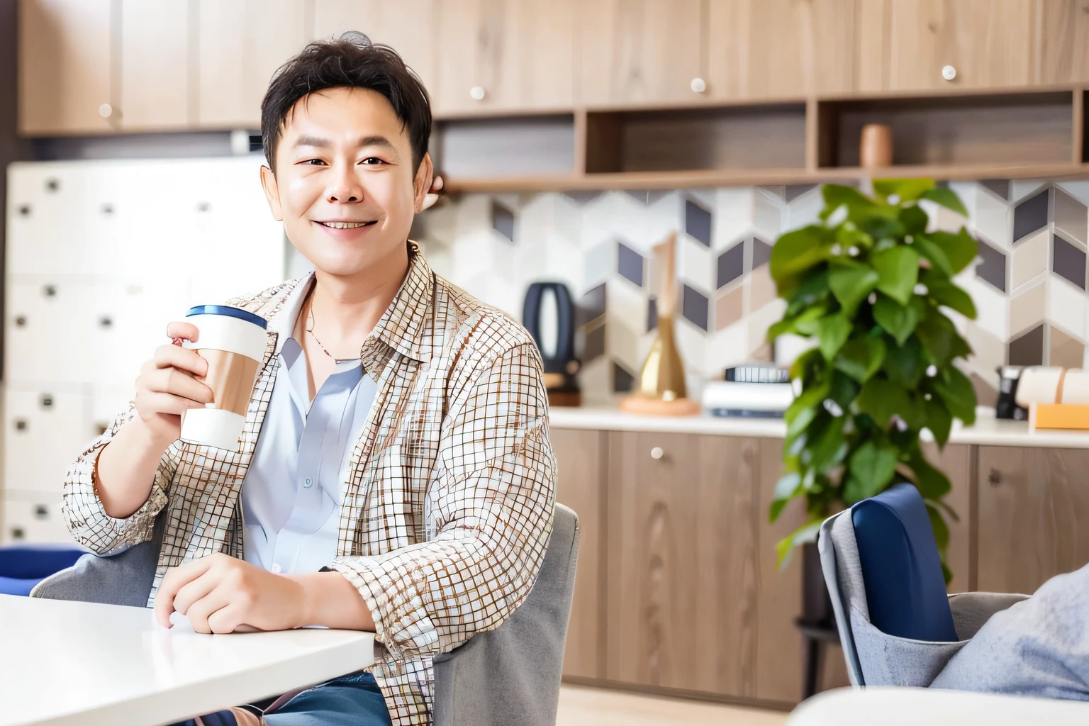 smiling man sitting at a table holding a cup of coffee, portrait shot, asian male, south korean male, justin sun, exclusive, sitting on a mocha-colored table, hyung tae, sitting in office, mid shot portrait, cai xukun, attractive man drinking coffee, mixed art, high quality portrait, shot with canon eoa 6 d mark ii, photo portrait