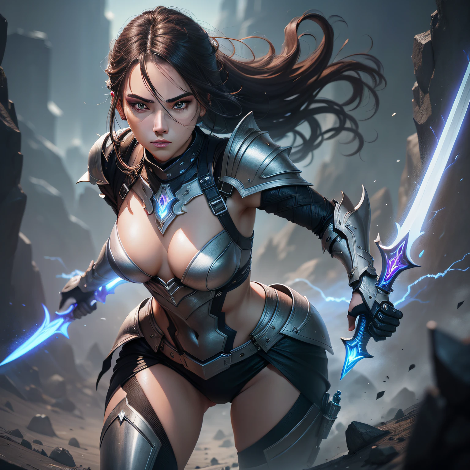 "Female fighter with sword in hand, leaning forward, wearing futuristic garb and set in a dark futuristic setting of detailed armor and illuminated by Leds. 4k resolution".