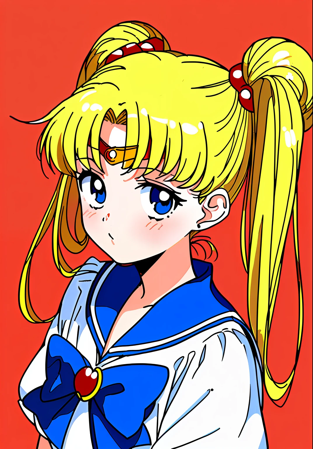 masterpiece, best quality, 1990s \(style\), 1980s \(style\), 1girl, sailor moon, blonde hair, hair bun, double bun, twintails, long hair, blue eyes, blue sailor collar, red bow, upper body, sepia, film grain,