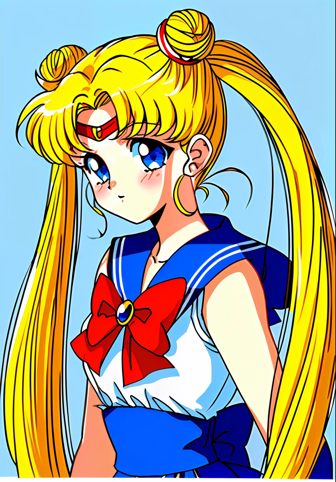 masterpiece, best quality, 1990s \(style\), 1980s \(style\), 1girl, sailor moon, blonde hair, hair bun, double bun, twintails, long hair, blue eyes, blue sailor collar, red bow, upper body, sepia, film grain,