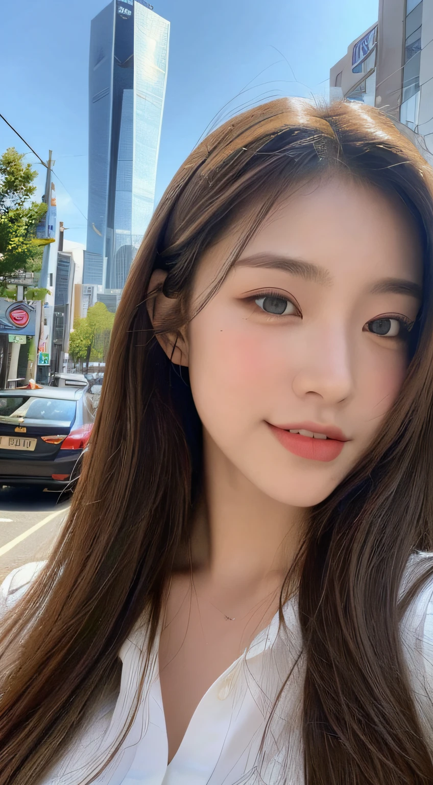 ((Best quality, 8K, Masterpiece: 1.3)), sharp focus: 1.2, (Realism: 1.4), (8k, RAW photo: 1.2), (medium scene: 1.4), (brown eyes), girl walking on the street, (white buttoned long shirt: 1.1), city street: 1.2, highly detailed face and skin texture, detailed eyes, double eyelids, (((1500m giant girl)))), a girl, (full body), happy, smile, (huge breasts)))), (if you look up at the girl from your feet, perspective, from below), (towering body, towering legs))), (girl in miniature city, skyscraper),