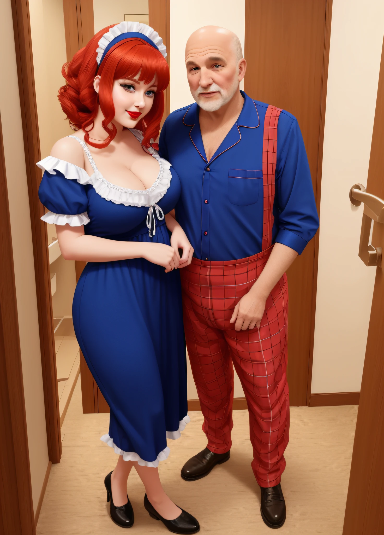 ((Full body photo of a woman dressed as a maid and an old man)). "She has red hair, green eyes, a maid's headdress on her head, very tight around her body, big breasts, "he is bald, strong body wearing, he is wearing teddy bear pajamas in blue, he is beside her with his hand on her waist" "She has a flushed face, heavy makeup on her face, red lipstick", both are in a hotel room in front of the room's exit, anime style, Pixar, 16k, highres, best quality, award winning, textured skin, UHD, masterpiece, retina, anatomically correct