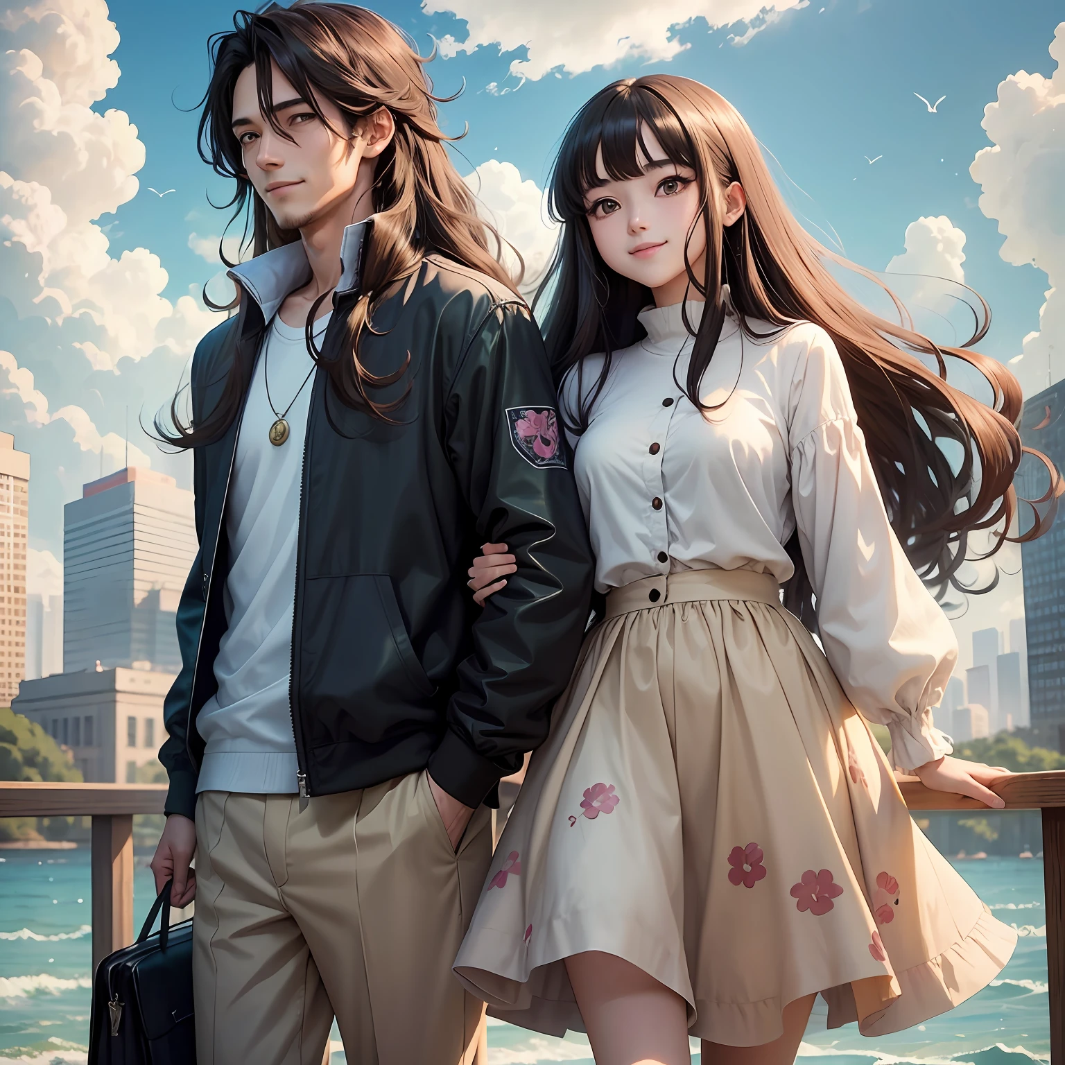 masterpiece, anime, kawaii, best quality, 2others, couple, mature, adult, height difference, different fashion, different color, casual clothes, long sleeves, smile, happy, love, swirling wind, blue sky, long haired man, light brown haired man, black hair woman, black hair woman --auto --s2