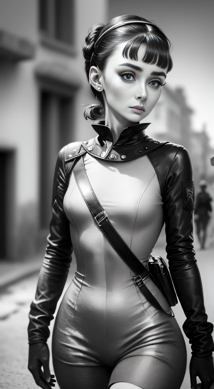 Audrey Hepburn (High resolution, High definition + surrealism: 1.5), (Good photo shooting, Women in uniform, HD textured skin), (Strong contrast between light and shadow, wandering in war zone, suffering theme, new visual experience)