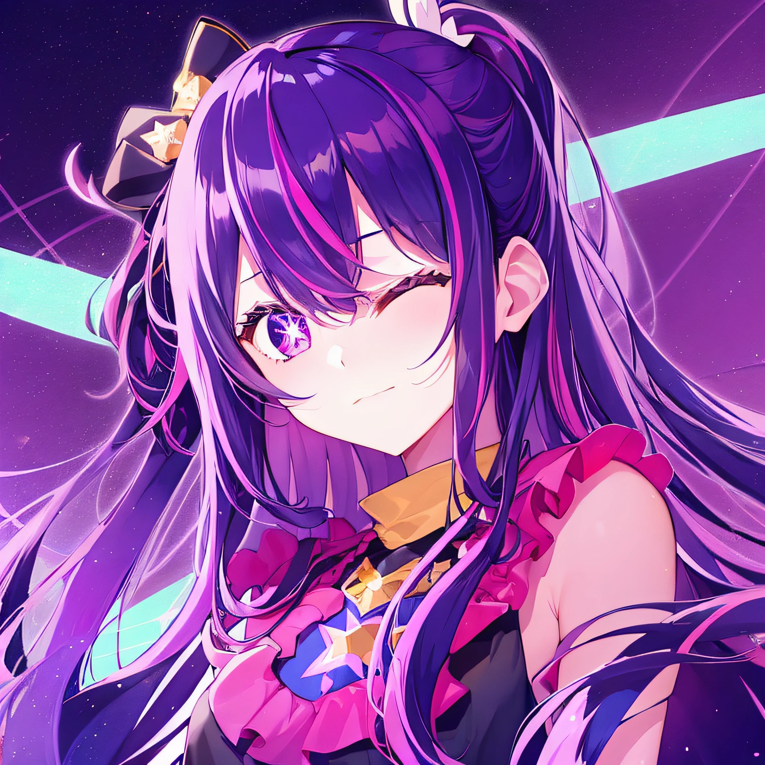 1girl, one eye closed,Hoshino Ai, long hair, purple hair, streaked hair ,purple eyes, star-shaped pupils, hair ornament,