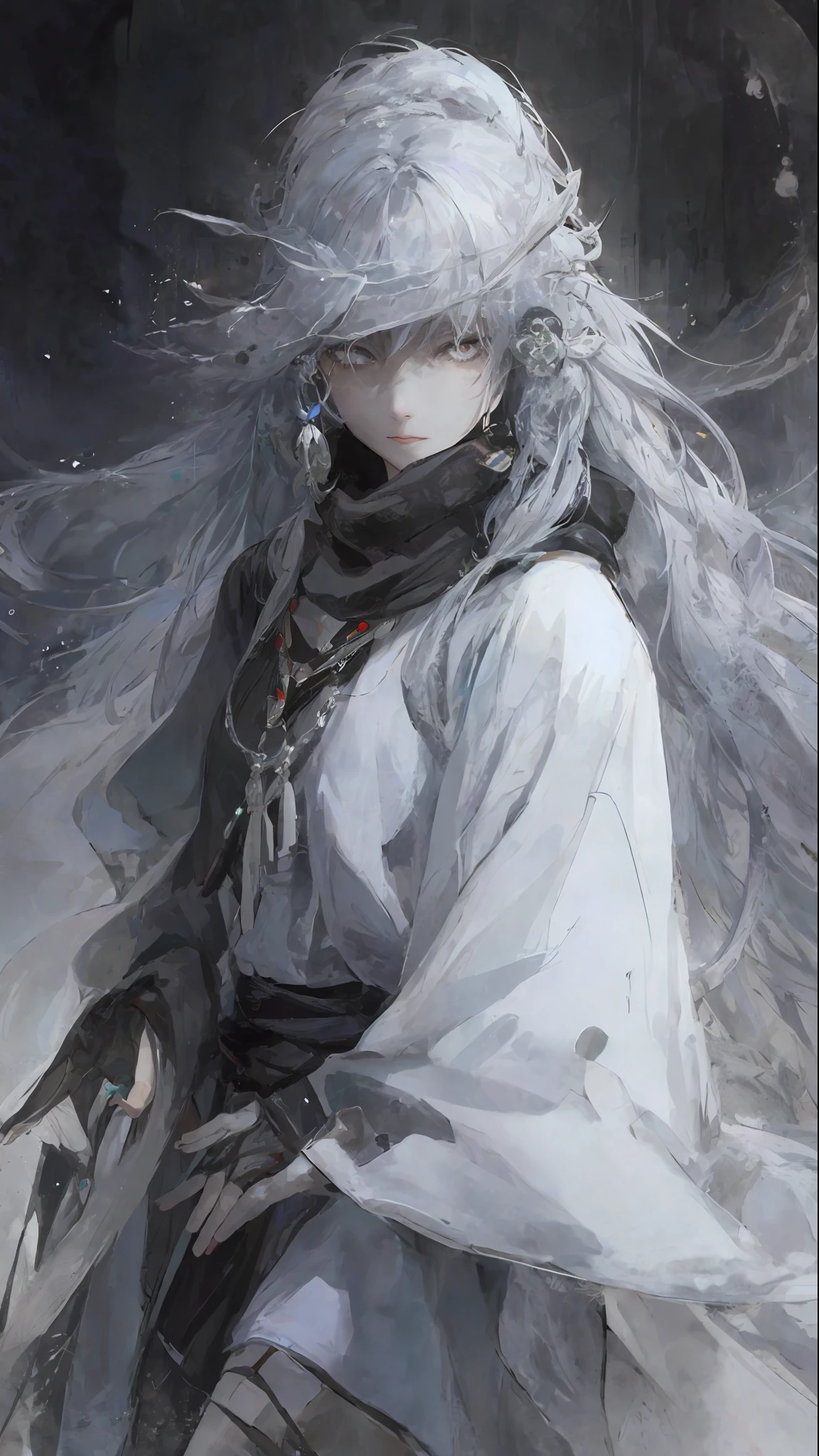 a close up of a woman with a white hair and a black scarf, a character portrait by Yang J, pixiv contest winner, fantasy art, white haired deity, beautiful character painting, artwork in the style of guweiz, the piercing stare of yuki onna, guweiz, with white long hair, with long white hair, flowing hair and long robes