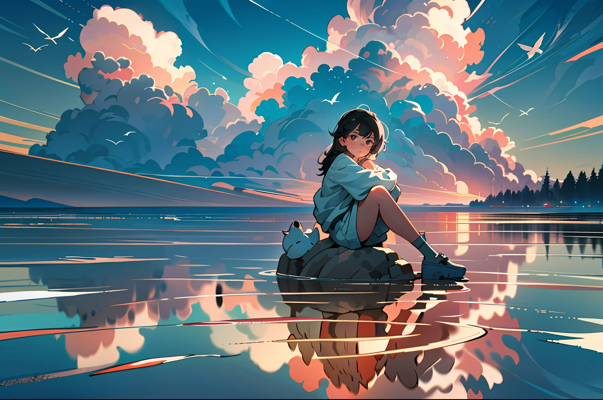 girl, nude, sitting, front view, wide angle, looking at viewer, on clouds, clouds, detailed birds, detailed exterior, octane renderer, realistic 3d, sunlight, actual rendering, screen space reflection, ssao, water reflection  , subsurface scattering, edge lighting