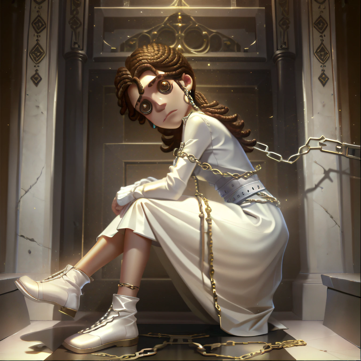 Masterpiece, high quality, young boy, white full body tight dress, holding chain, chained around waist, brown hair, facing forward, looking at camera, full body, screen center