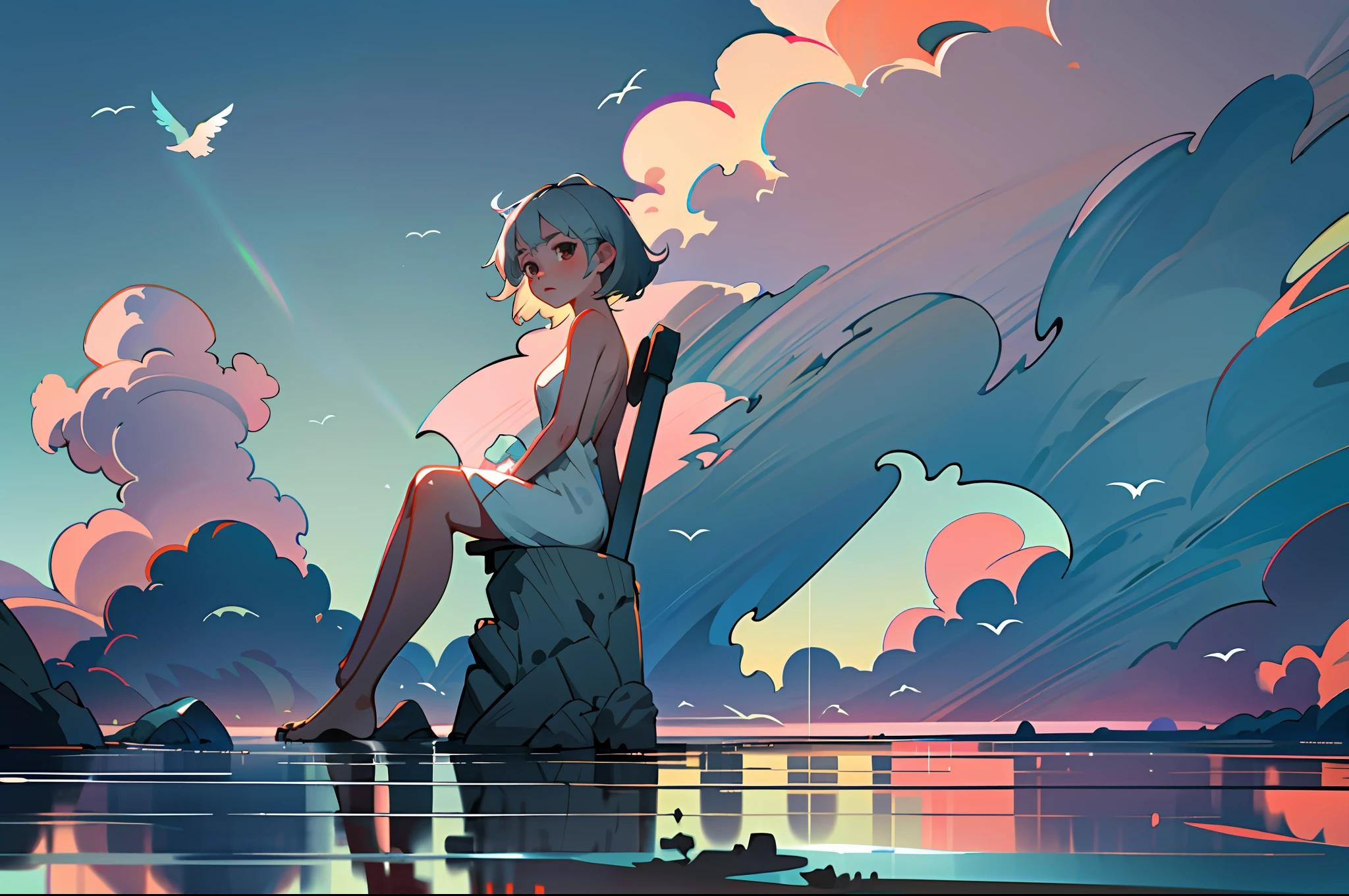 girl, nude, sitting, front view, wide angle, looking at viewer, on clouds, clouds, detailed birds, detailed exterior, octane renderer, realistic 3d, sunlight, actual rendering, screen space reflection, ssao, water reflection , subsurface scattering, edge lighting