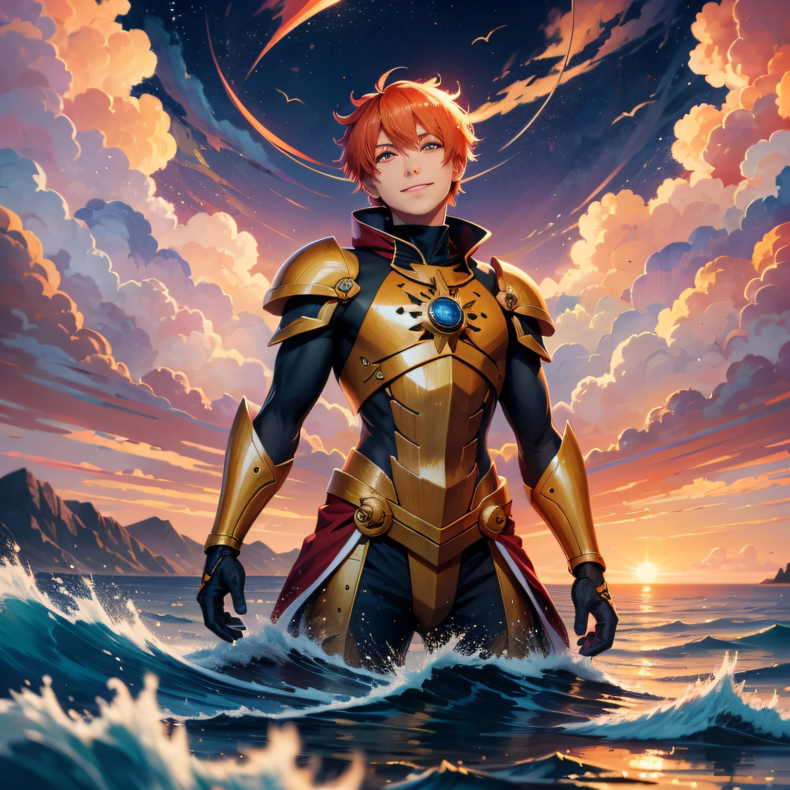 Anime Style, Jason of Fate Go, In the sky, over the sea, two eyes open, eyes detailed, in a sunset, smiling, Masterpiece, 4K, detailed face, good anathomy, highlights, --auto --s2