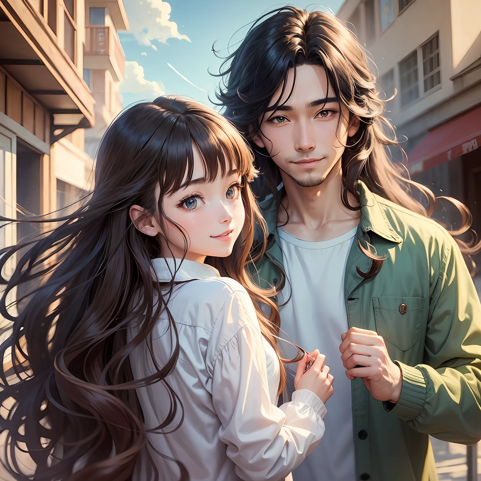 masterpiece, anime, kawaii, cute, romantic, best quality, 2others, couple, mature, adult, height difference, different fashion, different color, casual clothes, long sleeves, smile, happy, love, swirling wind, blue sky, long haired man, light brown hair man, black hair woman, long hair woman --auto --s2