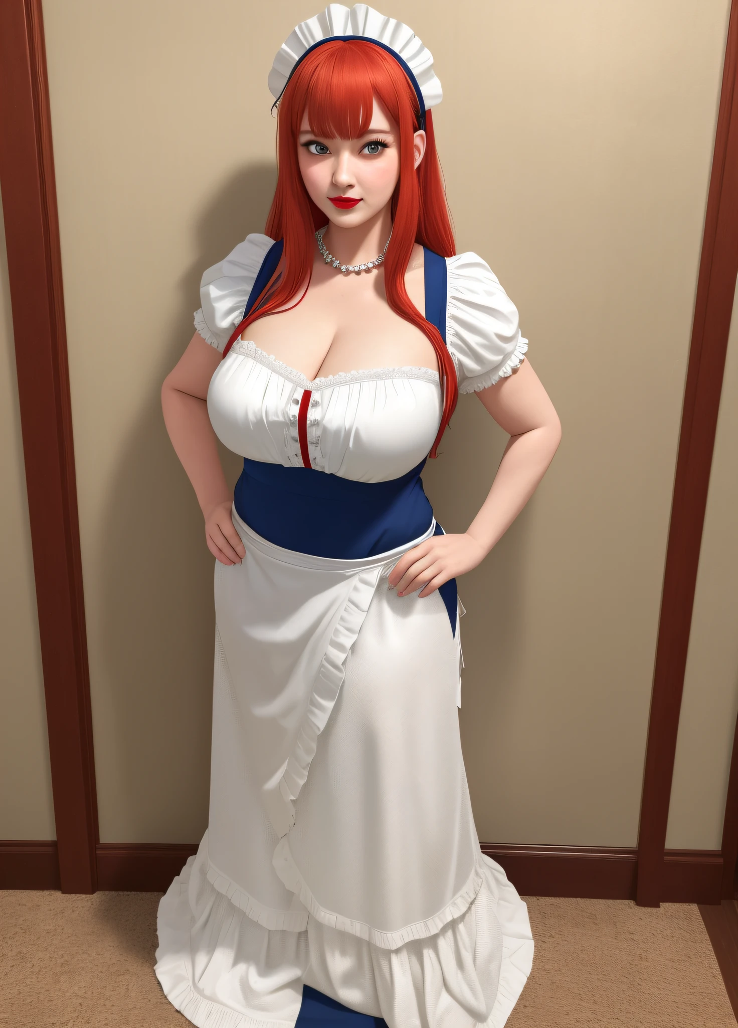 ((Full body photo of a woman dressed as a maid and an old man)). "She has red hair, green eyes, a maid's headdress on her head, very tight around her body, big breasts, "he is bald, strong body wearing, he is wearing teddy bear pajamas in blue, he is beside her with his hand on her waist" "She has a flushed face, heavy makeup on her face, red lipstick", both are in a hotel room in front of the room's exit, anime style, Pixar, 16k, highres, best quality, award winning, textured skin, UHD, masterpiece, retina, anatomically correct