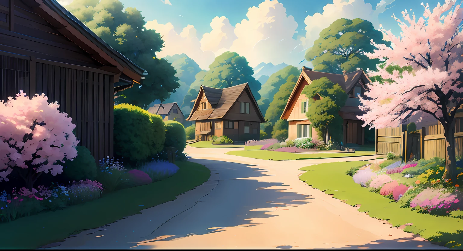 masterpiece,best quality,official art,extremely detailed CG unity 8k wallpaper,outdoors, animal, spring \(season\), cloudy sky,studio ghibli, garden,village,