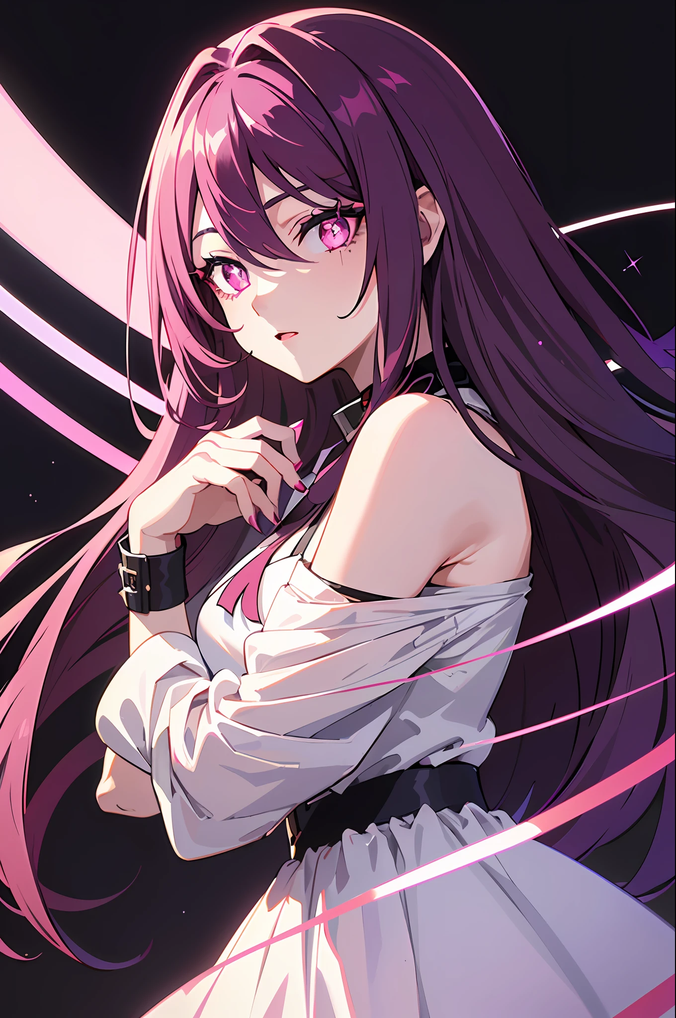 (masterpiece, best quality), ((1girl, (mature)), (dark magenta hair, long hair, straight hair, beautiful hair), (magenta eyes, +_+, symbol-shaped_pupils, sparkling_eyes, beautiful eyes, eye highlights, sharp eyes)), (simplier background, dark background), (highres, chromatic aberration), (),