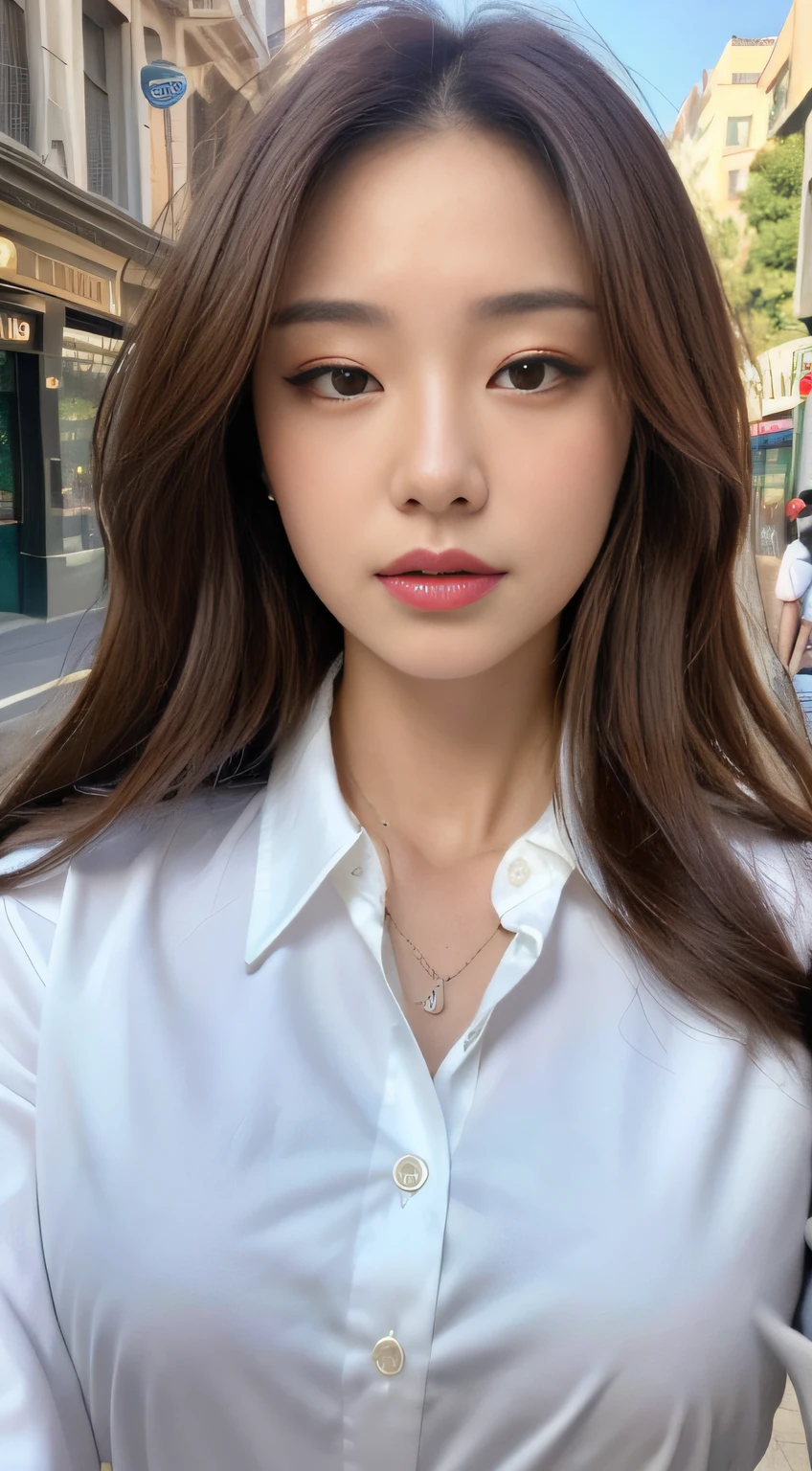 ((Best quality, 8k, Masterpiece :1.3)), Sharp focus :1.2, A pretty woman with perfect figure :1.4, Slender abs :1.2, ((Dark brown hair, Big breasts :1.2)), (White button up long shirt :1.1), City street:1.2, Highly detailed face and skin texture, Detailed eyes, Double eyelid