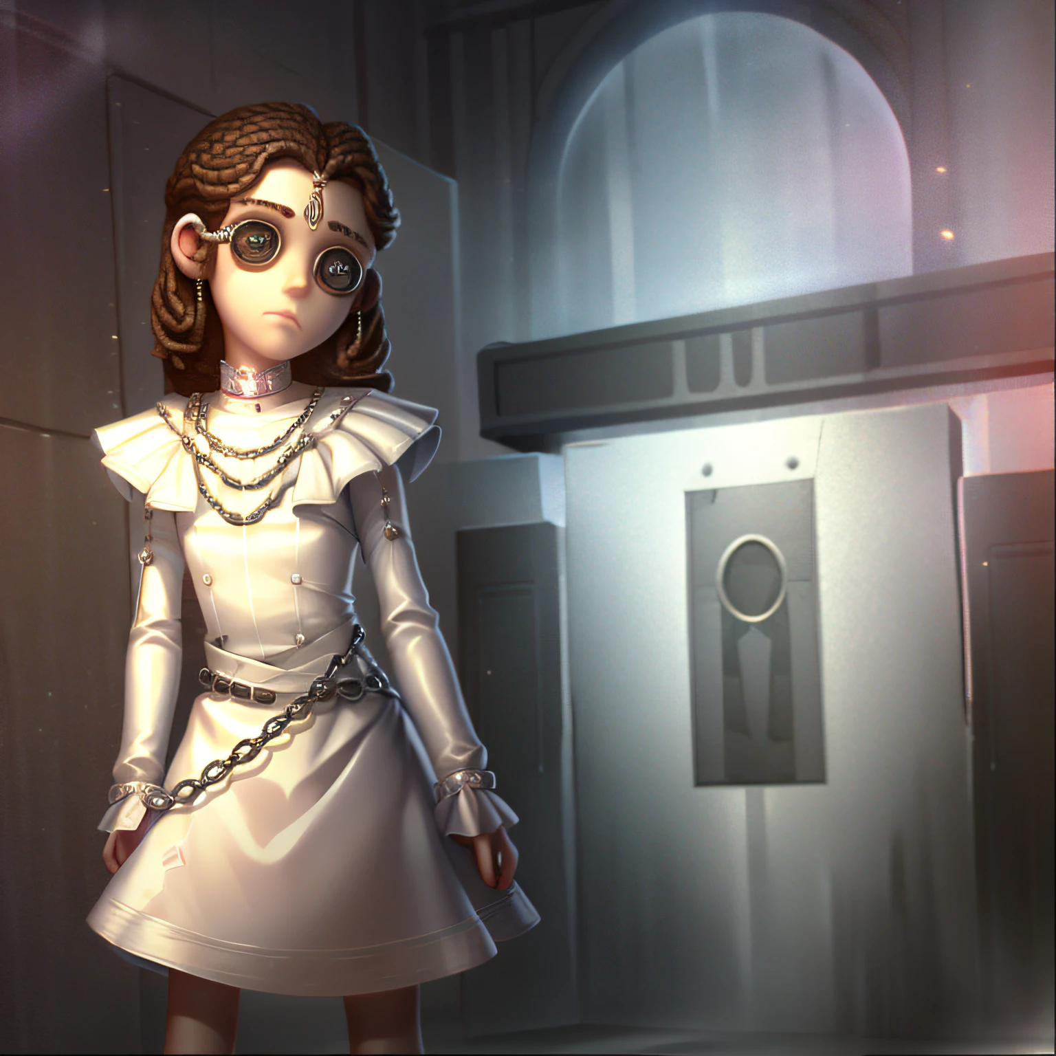 Masterpiece, high quality, young boy, white full body tight dress, holding chain, chained around waist, brown hair, facing forward, looking at camera, full body, screen center