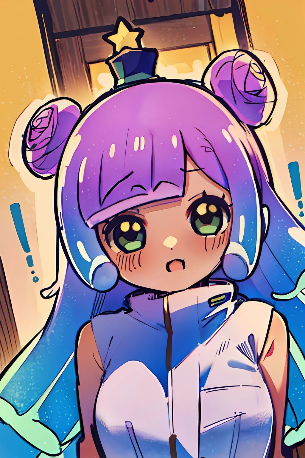 masterpiece, best_quality, 1girl, solo, puniru \(puniru wa kawaii slime\), puniru wa kawaii slime, gradient hair, bangs, green eyes, ((double bun)), mini hat, ((half of the body down melting)), medium bust,