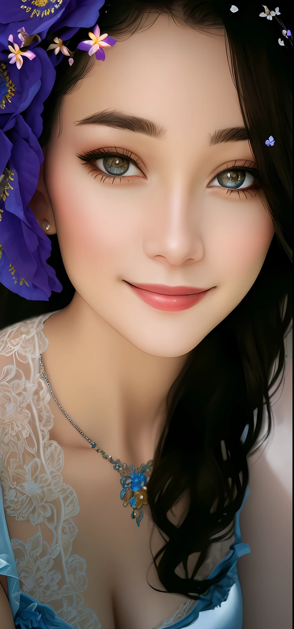 Masterpiece, absurdres, fine detail, HDR, highly detailed face and eyes, photorealistic, smiling, garterbelt, a woman in a lingerie posing for a picture ,wearing the garterbelt, colorful, floral embroidery, frilled skirt,
